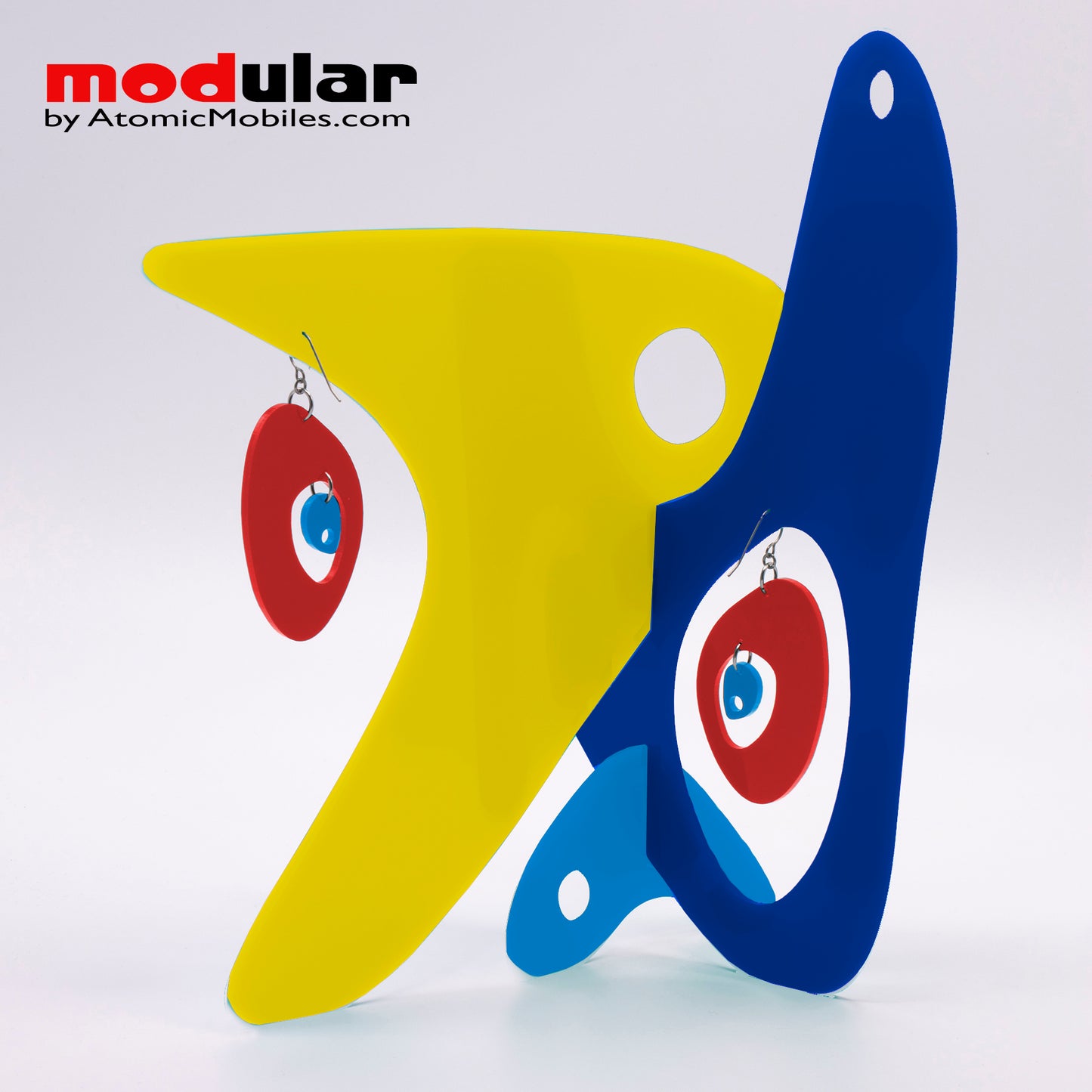 Handmade Modernist retro mid century style earrings and stabile kinetic modern art sculpture in Yellow Navy Blue and Red by AtomicMobiles.com