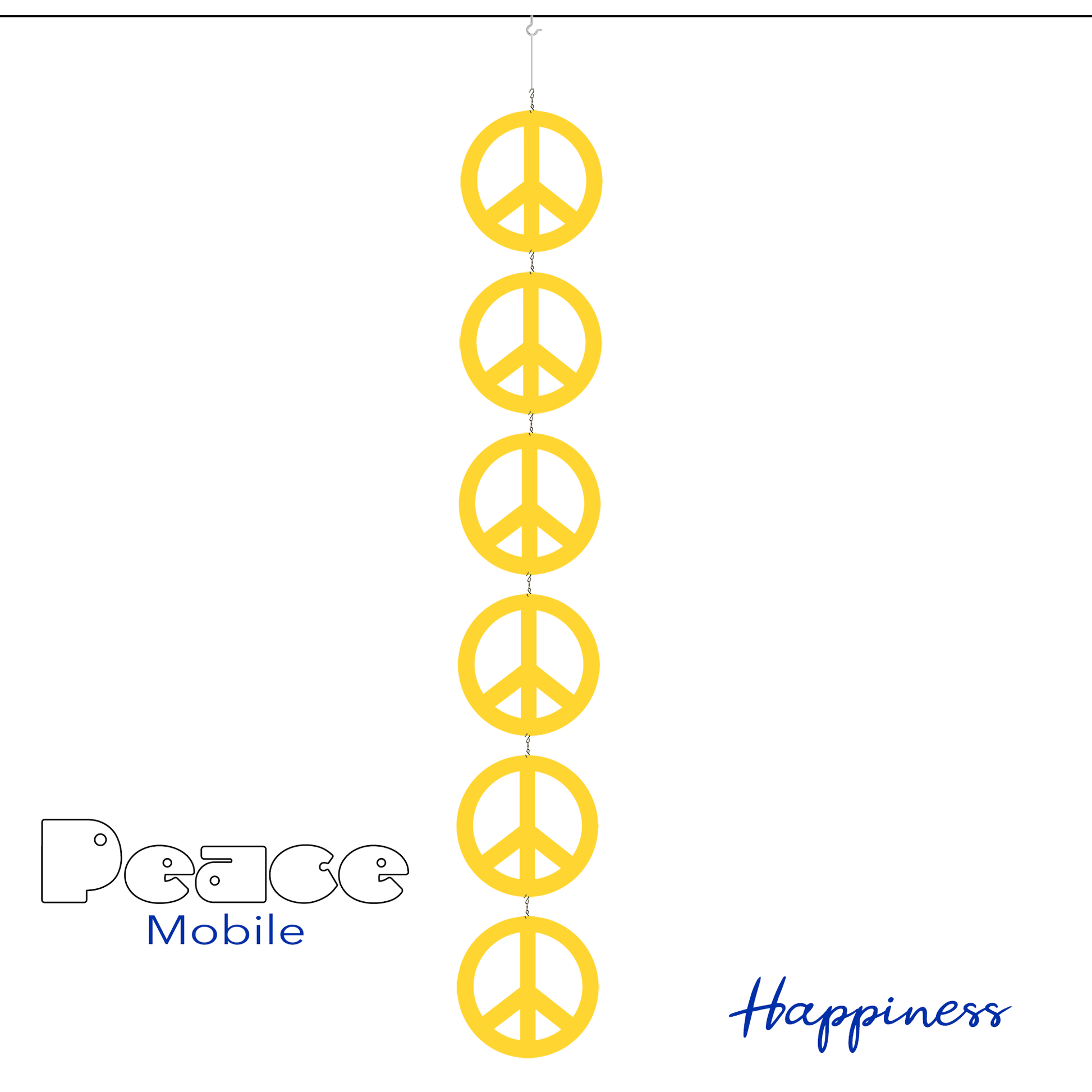 Happiness Peace Mobile - 6 Peace signs in yellow - kinetic hanging art mobile symbolizes World Peace - by AtomicMobiles.com