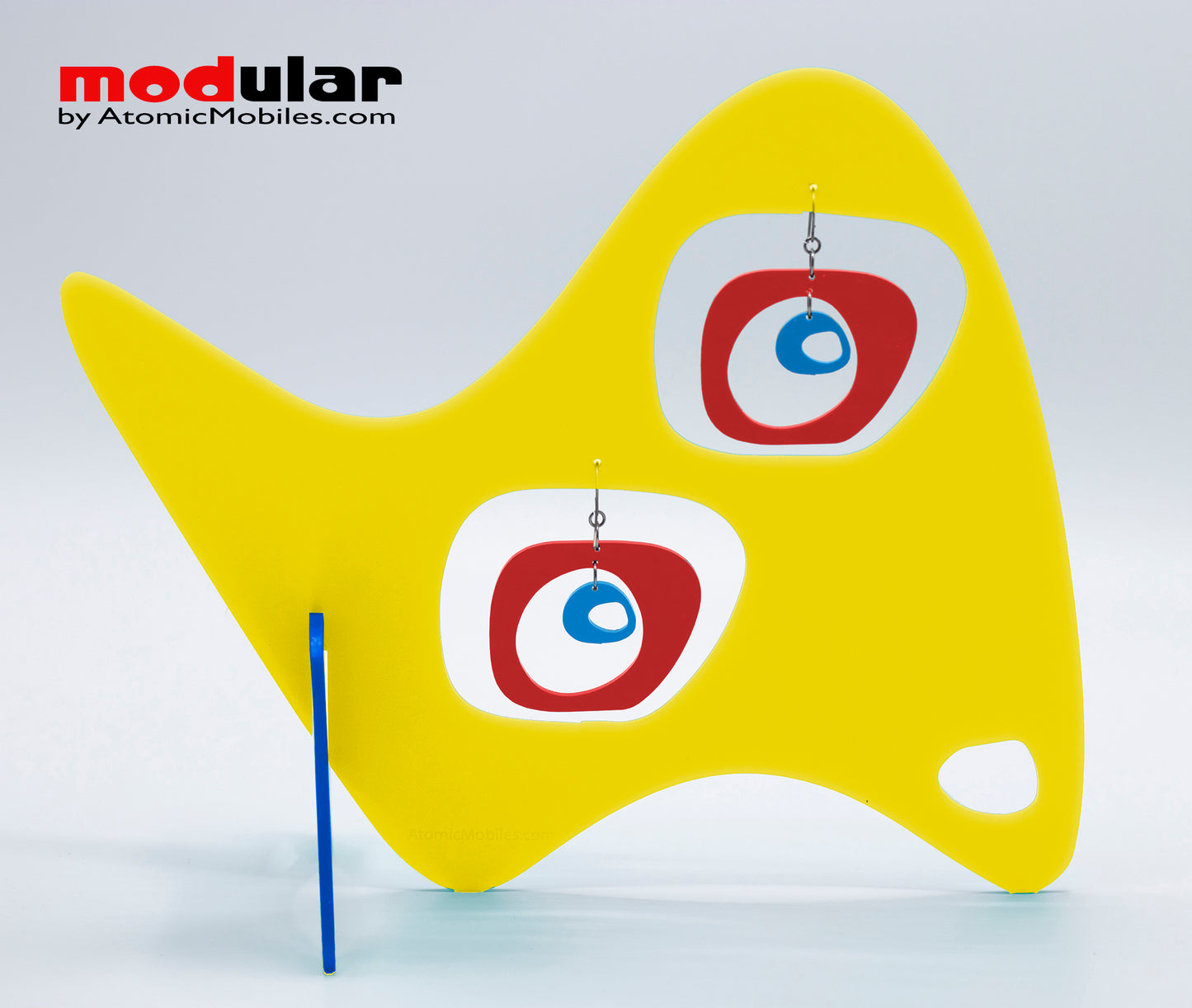Handmade Paris retro mid century style earrings and stabile kinetic modern art sculpture in Yellow Red and Blue by AtomicMobiles.com
