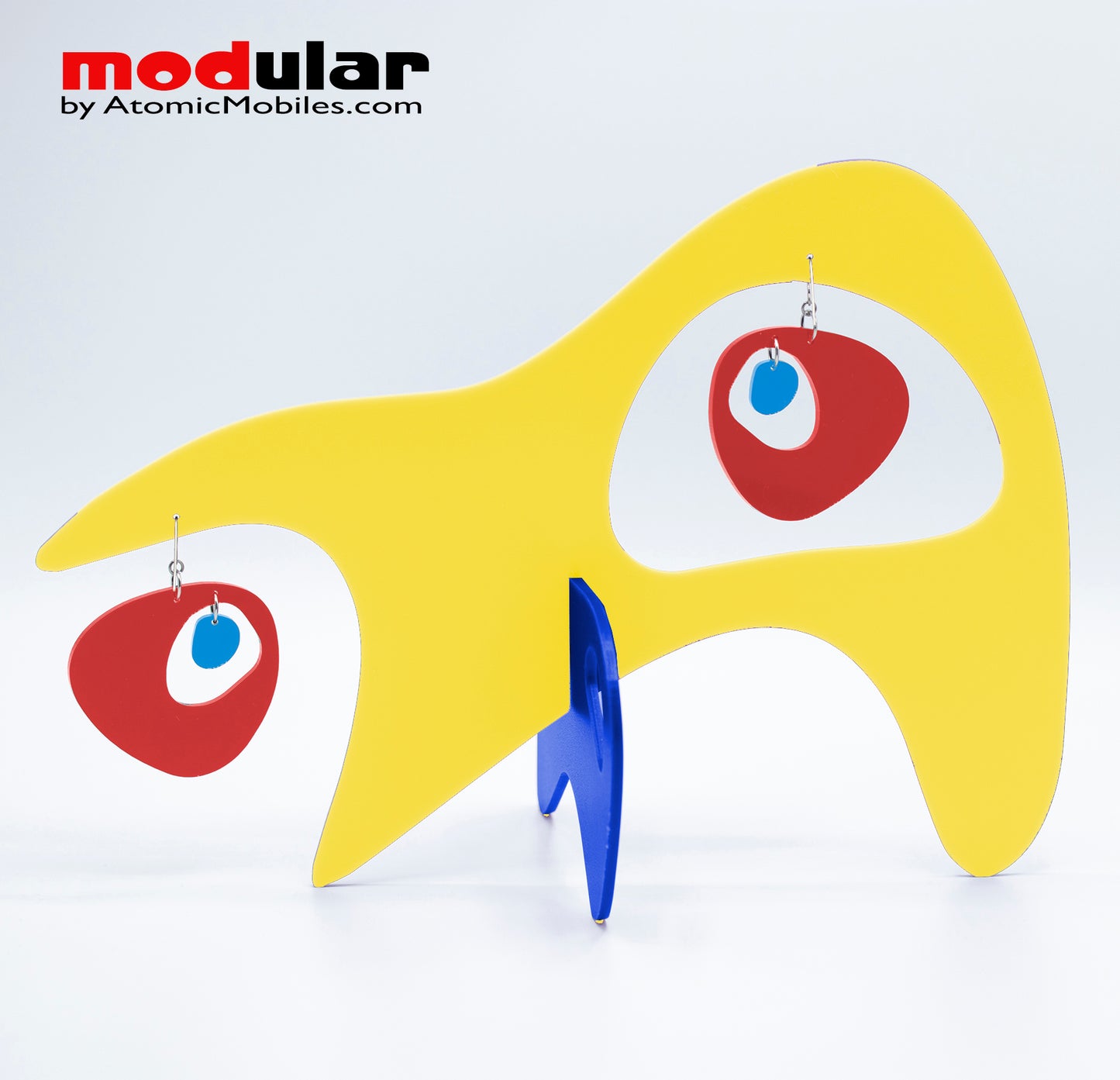 Handmade Googie style earrings and stabile kinetic modern art sculpture in Yellow Red and Blue by AtomicMobiles.com