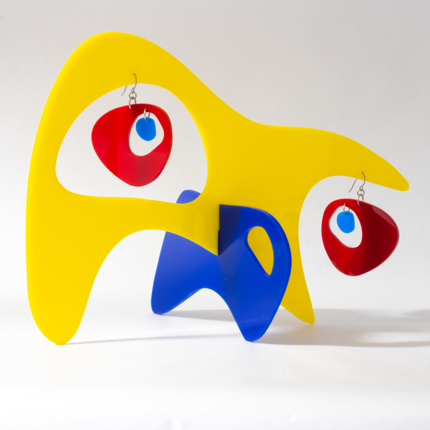 Googie in yellow, red, and navy blue - earrings and modern art sculpture stabile mobile - wearable modern art by AtomicMobiles.com
