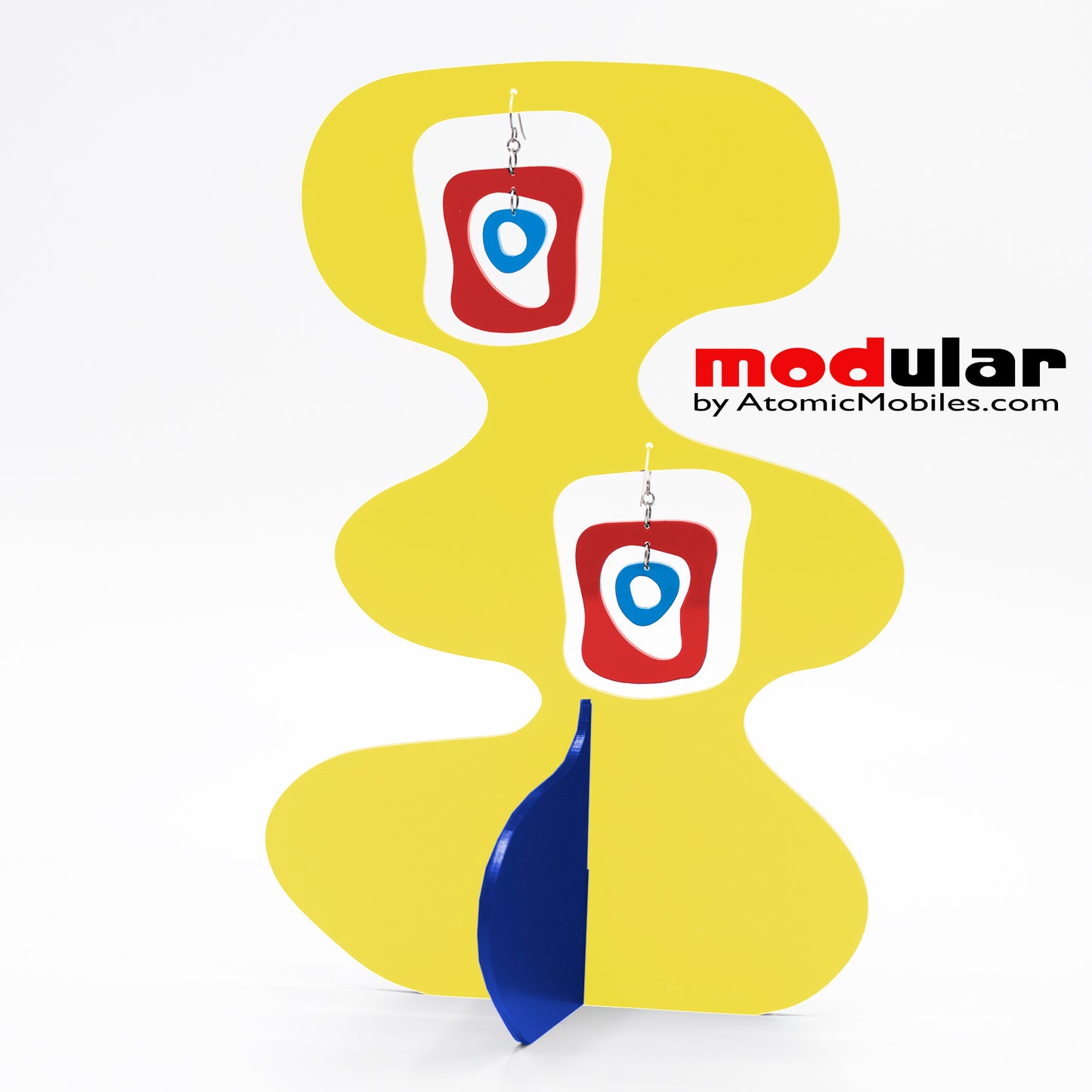 Handmade Mid Mod retro midcentury style earrings and stabile kinetic modern art sculpture in Yellow Red and Blue by AtomicMobiles.com