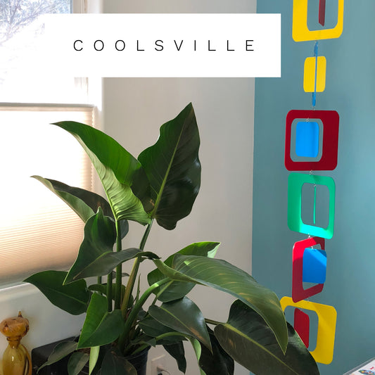 Coolsville Vertical Hanging Art Mobile with large philodendron plant - mobile by AtomicMobiles.com