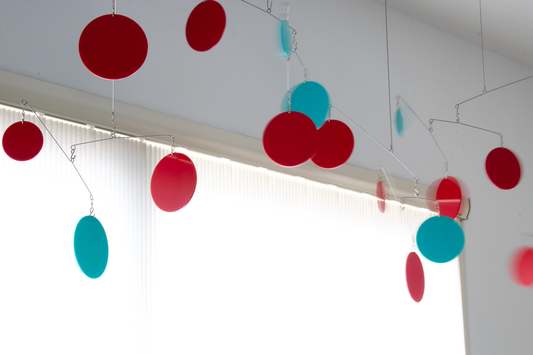 Adorable Red and Aqua blue dancing hanging mobile by AtomicMobiles.com