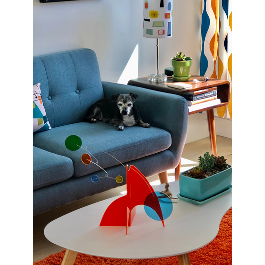 Cute Dog looking at orange The Moderne Stabile in Mid Mod Living Room by AtomicMobiles.com