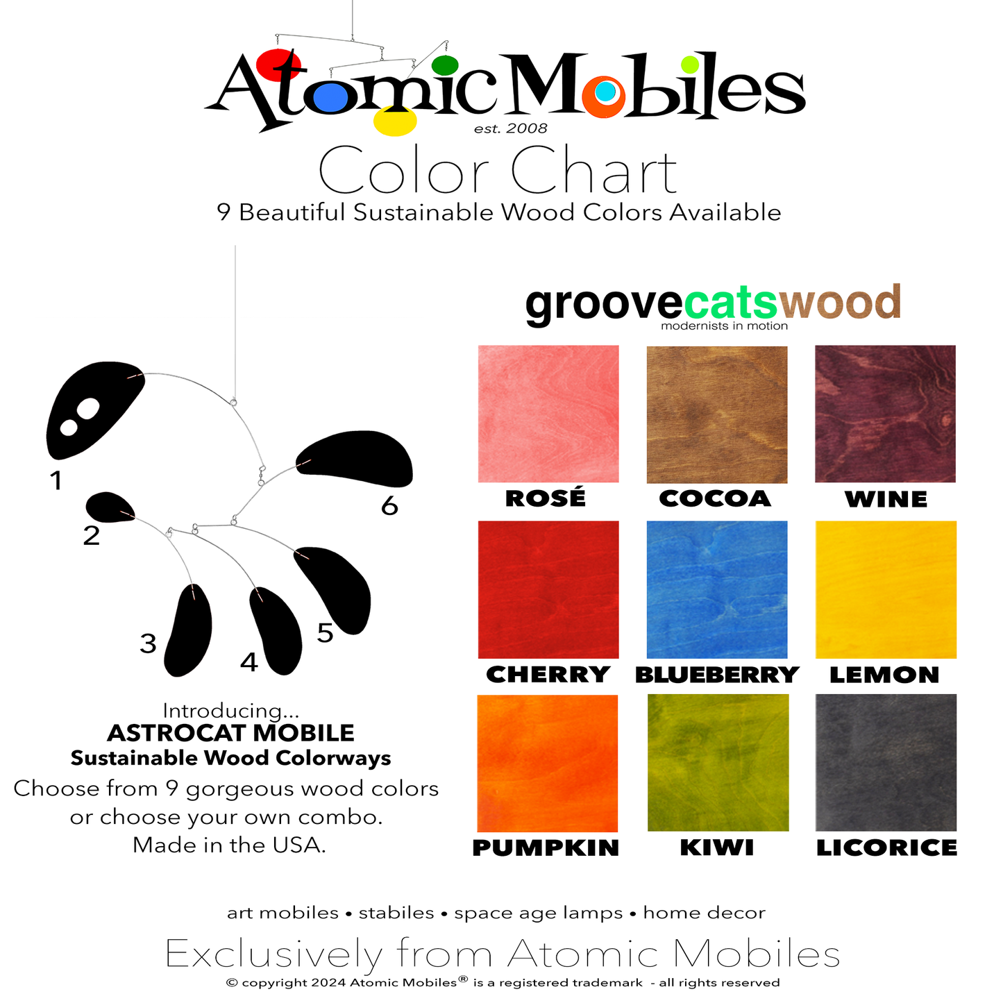 Color Chart for ASTROCAT hanging art mobile in sustainable wood - choose from 9 Colorways or make your own custom combo - mobile designed and made to order in Los Angeles by AtomicMobiles.com