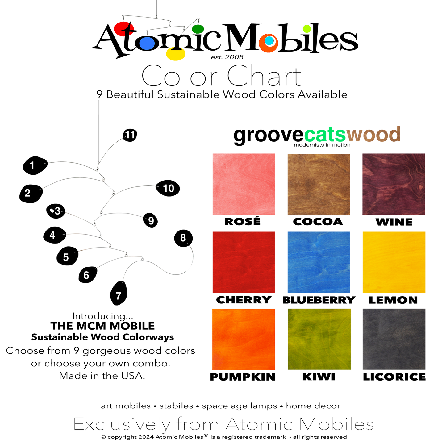 Color Chart for THE MCM hanging art mobile in sustainable wood - choose from 9 Colorways or make your own custom combo - mobile designed and made to order in Los Angeles by AtomicMobiles.com