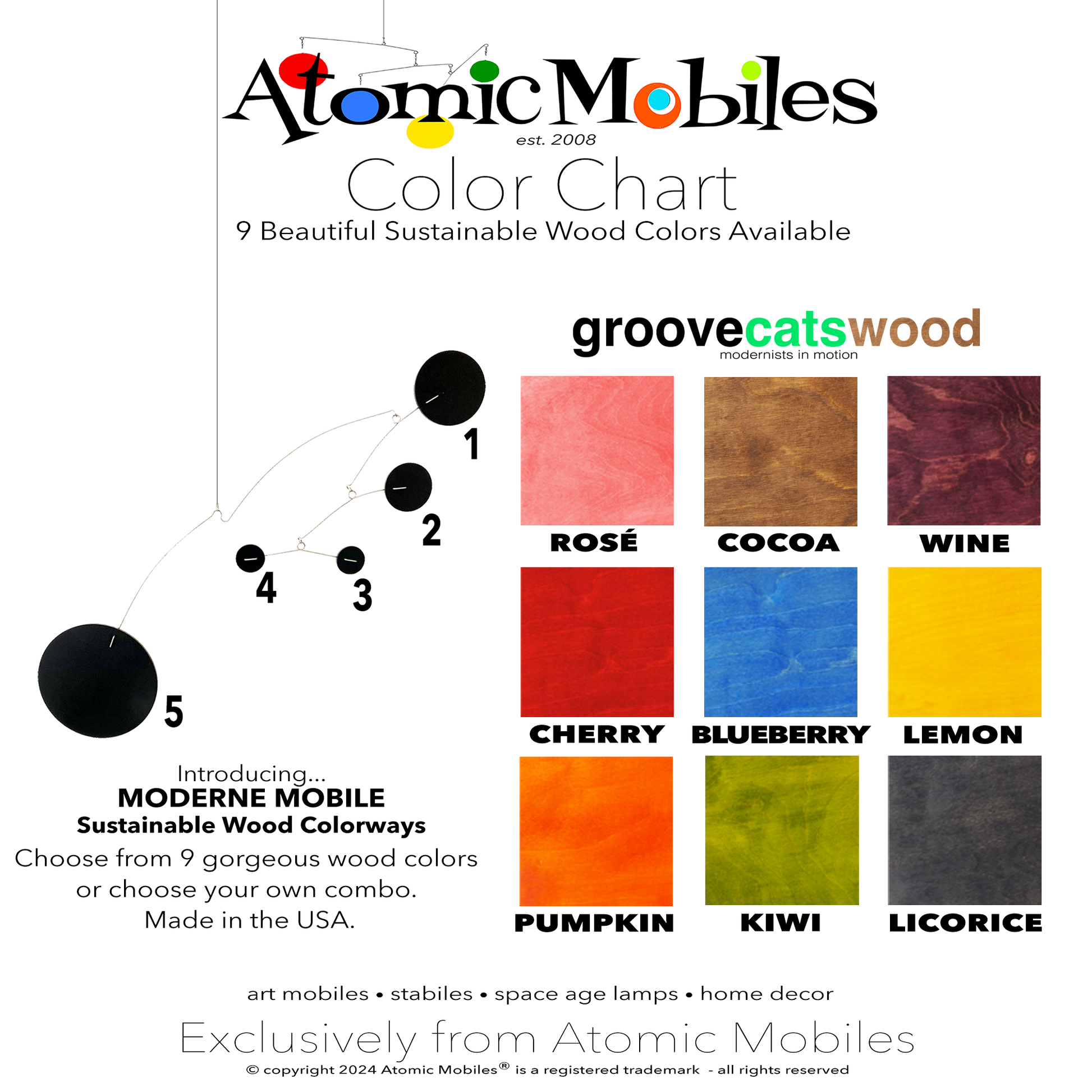 Color Chart for The Moderne hanging art mobile in sustainable wood - choose from 9 Colorways or make your own custom combo - mobile designed and made to order in Los Angeles by AtomicMobiles.com