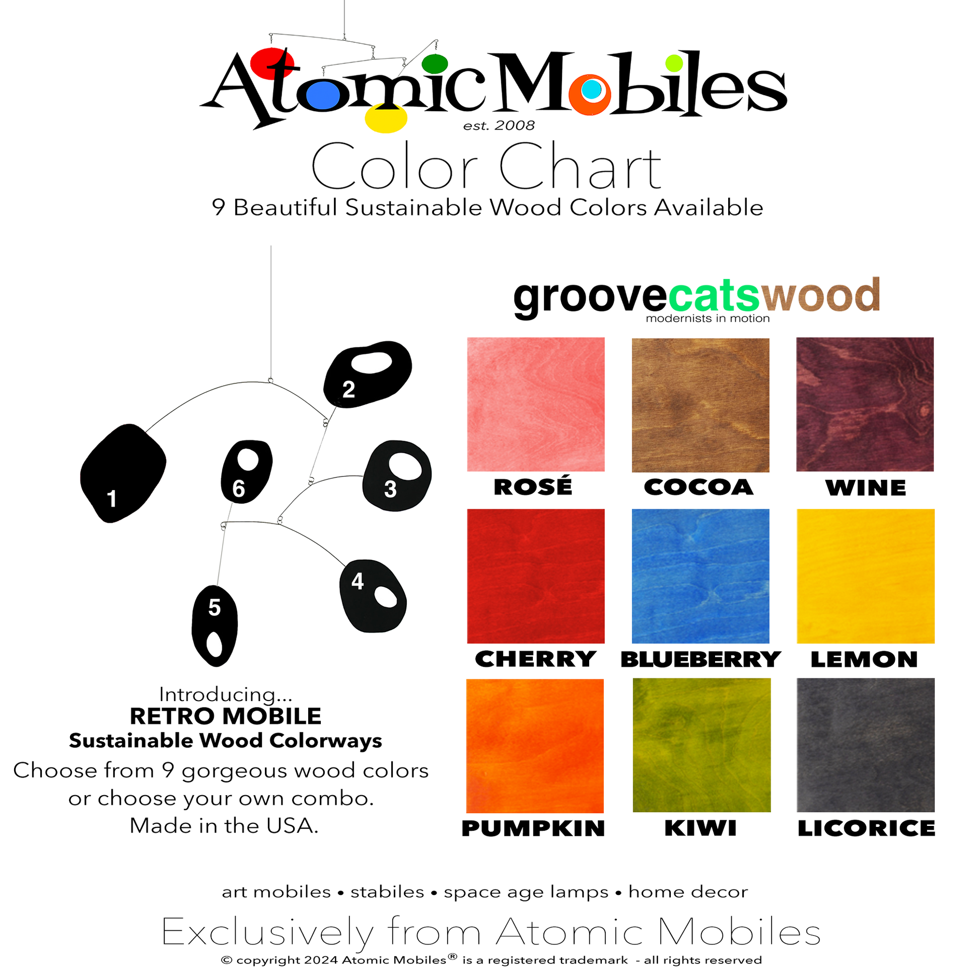 Color Chart for RETRO hanging art mobile in sustainable wood - choose from 9 Colorways or make your own custom combo - mobile designed and made to order in Los Angeles by AtomicMobiles.com