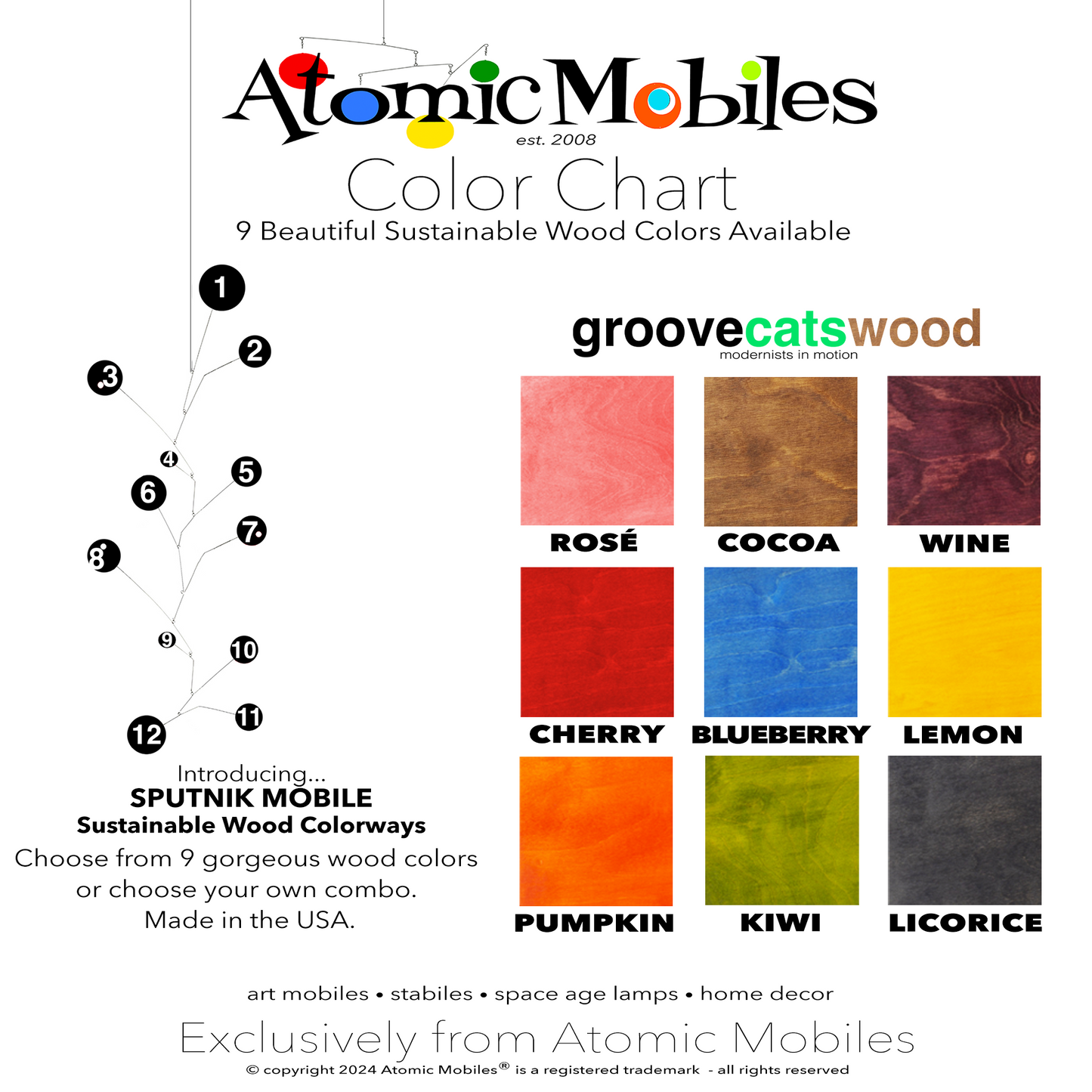 Color Chart for SPUTNIK hanging art mobile in sustainable wood - choose from 9 Colorways or make your own custom combo - mobile designed and made to order in Los Angeles by AtomicMobiles.com