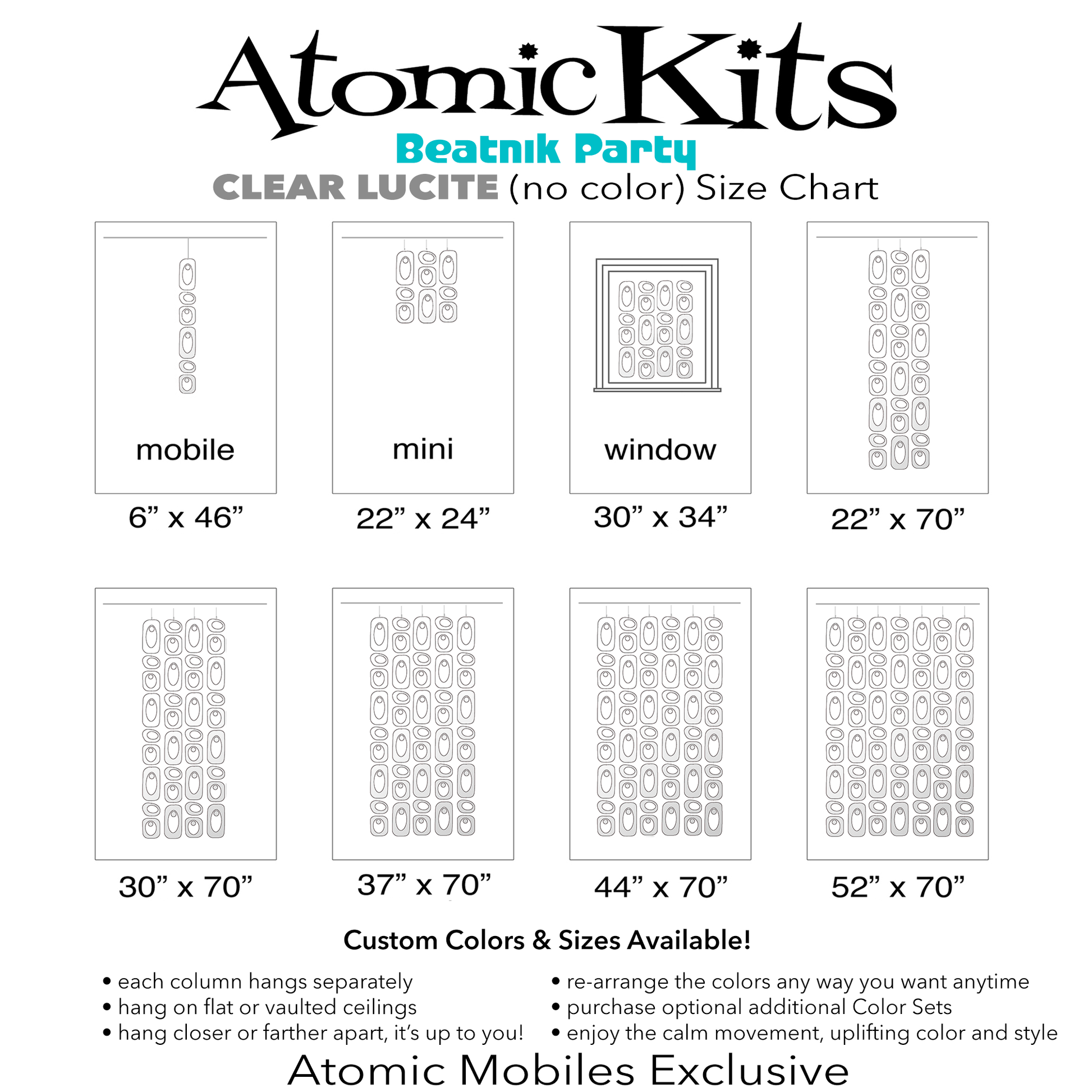 Size Chart for POP MOD clear lucite Beatnik Party Room Dividers, Curtains, Mobiles, and Wall Art DIY KIT by AtomicMobiles.com