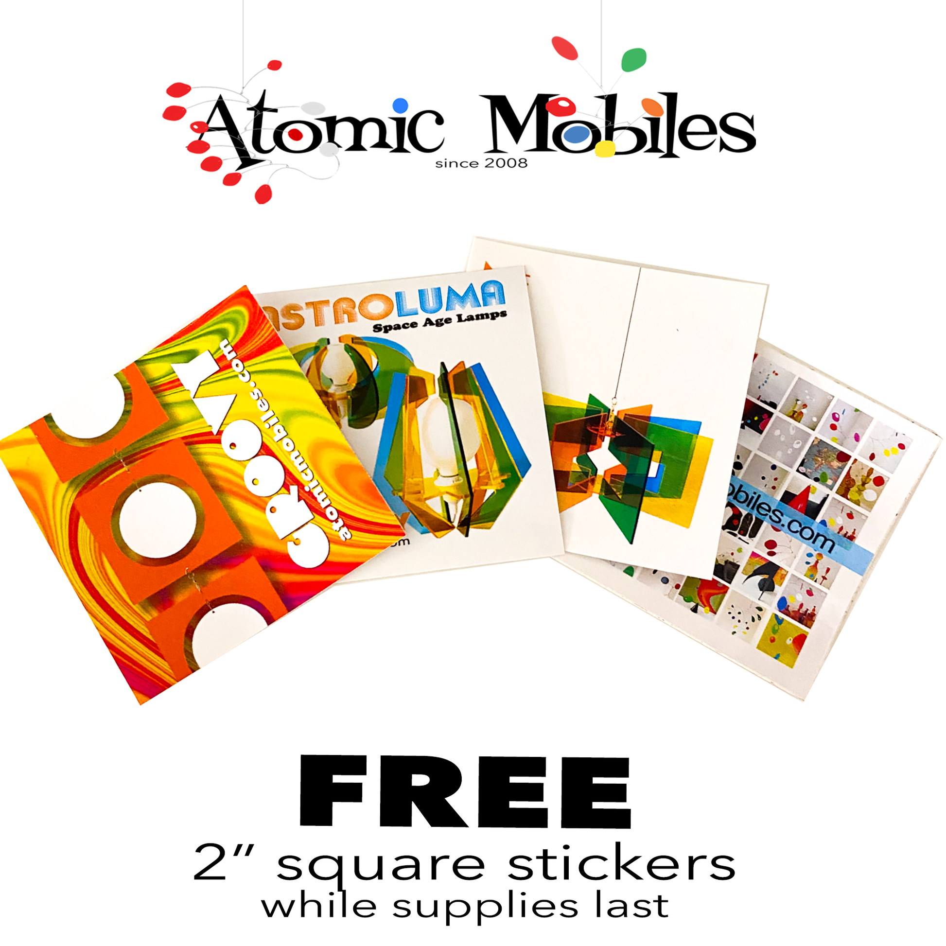 A variety of FREE 2" stickers by AtomicMobiles.com featuring hanging art mobiles, art stabile sculptures, and Space Age Lamps in mid century modern retro groovy style!