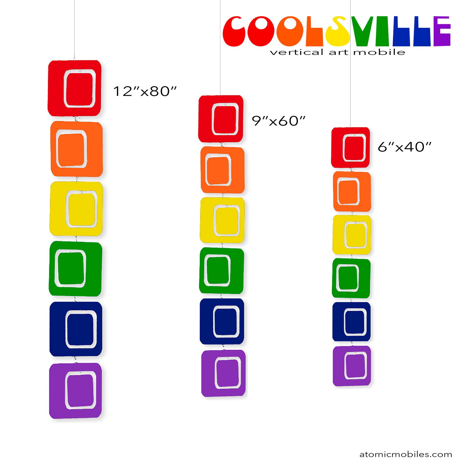 SIZE CHART for Coolsville LGBTQ+ Rainbow PRIDE Vertical Hanging Art Mobiles in 3 Sizes by AtomicMobiles.com