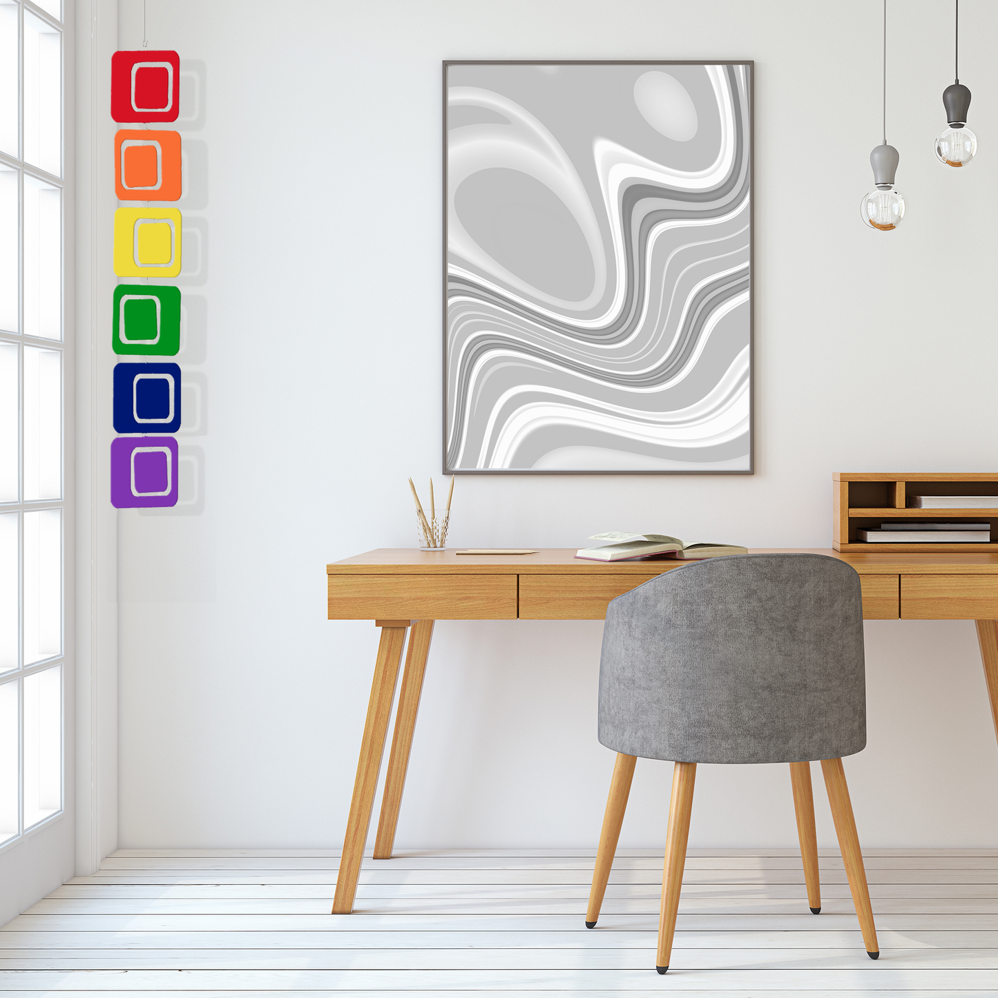 Rainbow LGBTQ+ Pride Vertical Hanging Art Mobile in home office with wood desk, gray wool chair, framed abstract gray art, and french doors - mobile by AtomicMobiles.com