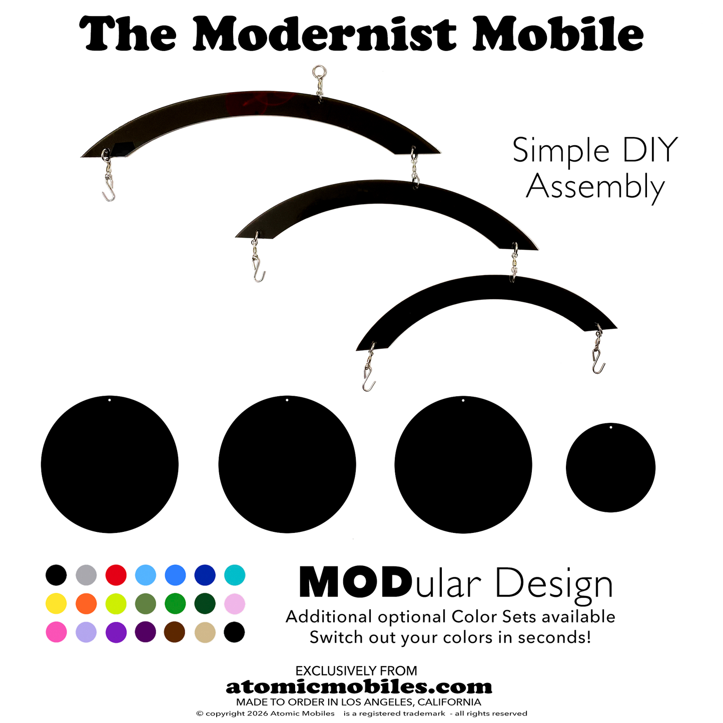 Diagram of a modular black mobile with hanging arcs and circular shapes, labeled 'The Modernist Mobile' with text about DIY assembly and color options.
