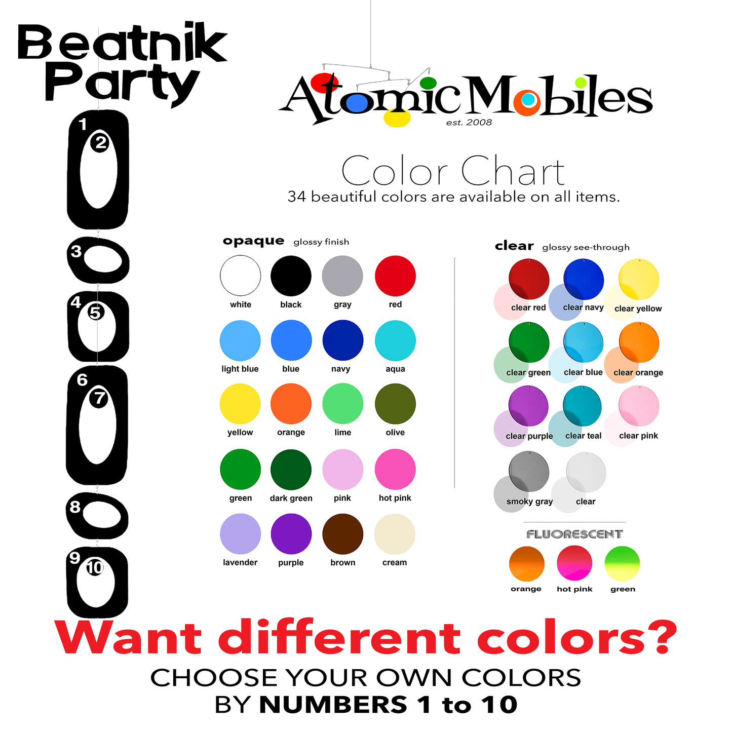 Color Chart for Mid Century Modern Retro Beatnik Party Christmas Decorations in colors YOU choose by AtomicMobiles.com