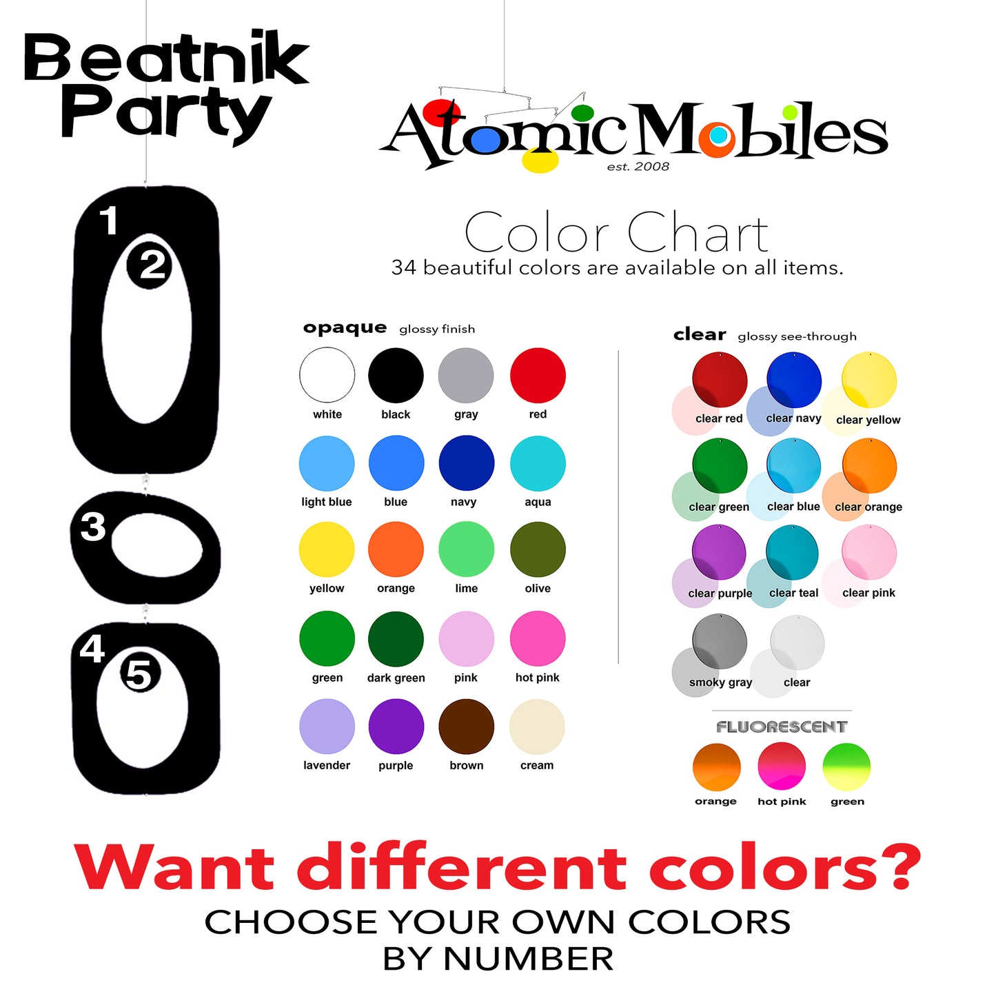 Color Chart for Beatnik Party DIY Art Mobile inspired by mid century modern retro style Kit by AtomicMobiles.com