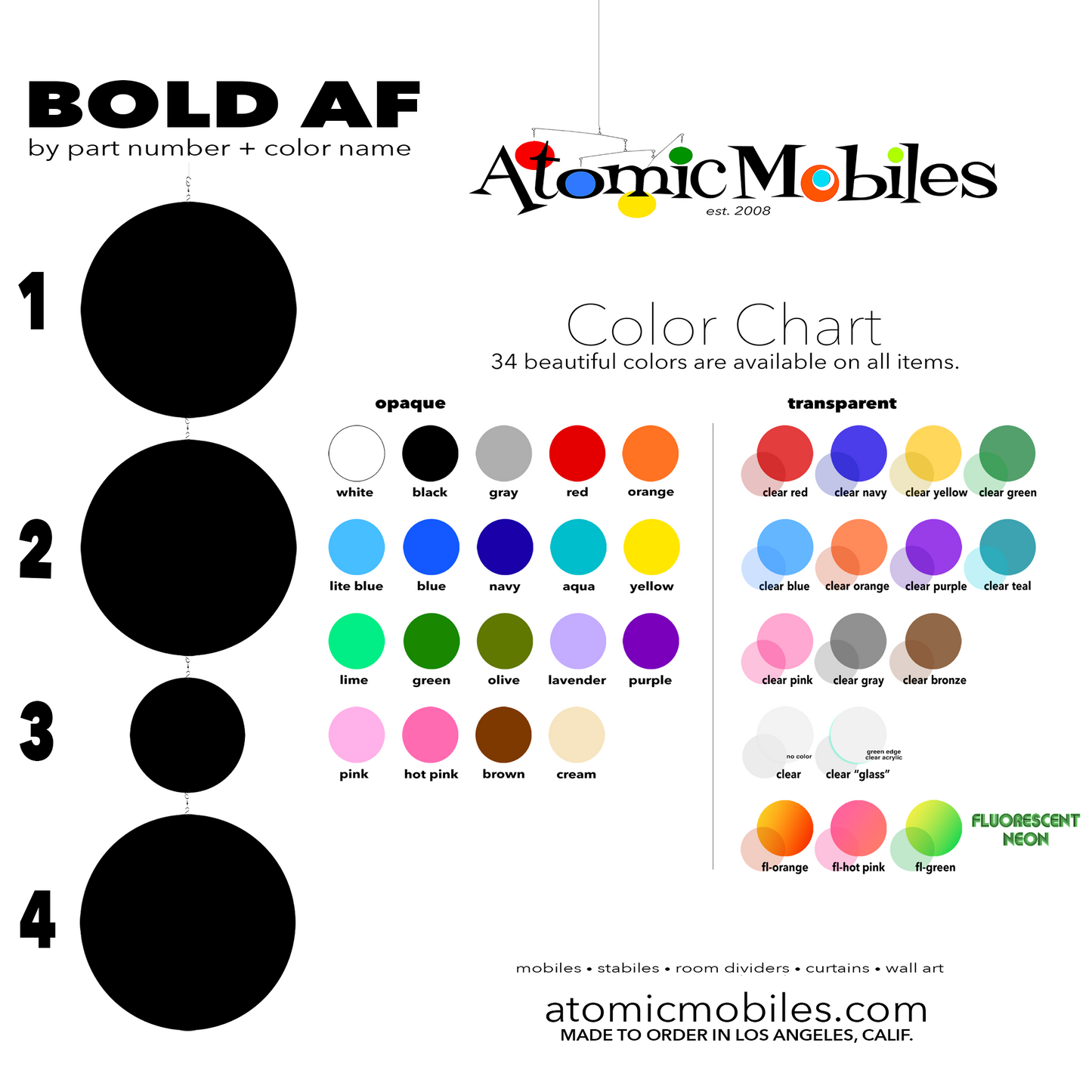 Color Chart for custom BOLD AF vertical XL hanging art mobile in opaque and transparent colors by AtomicMobiles.com