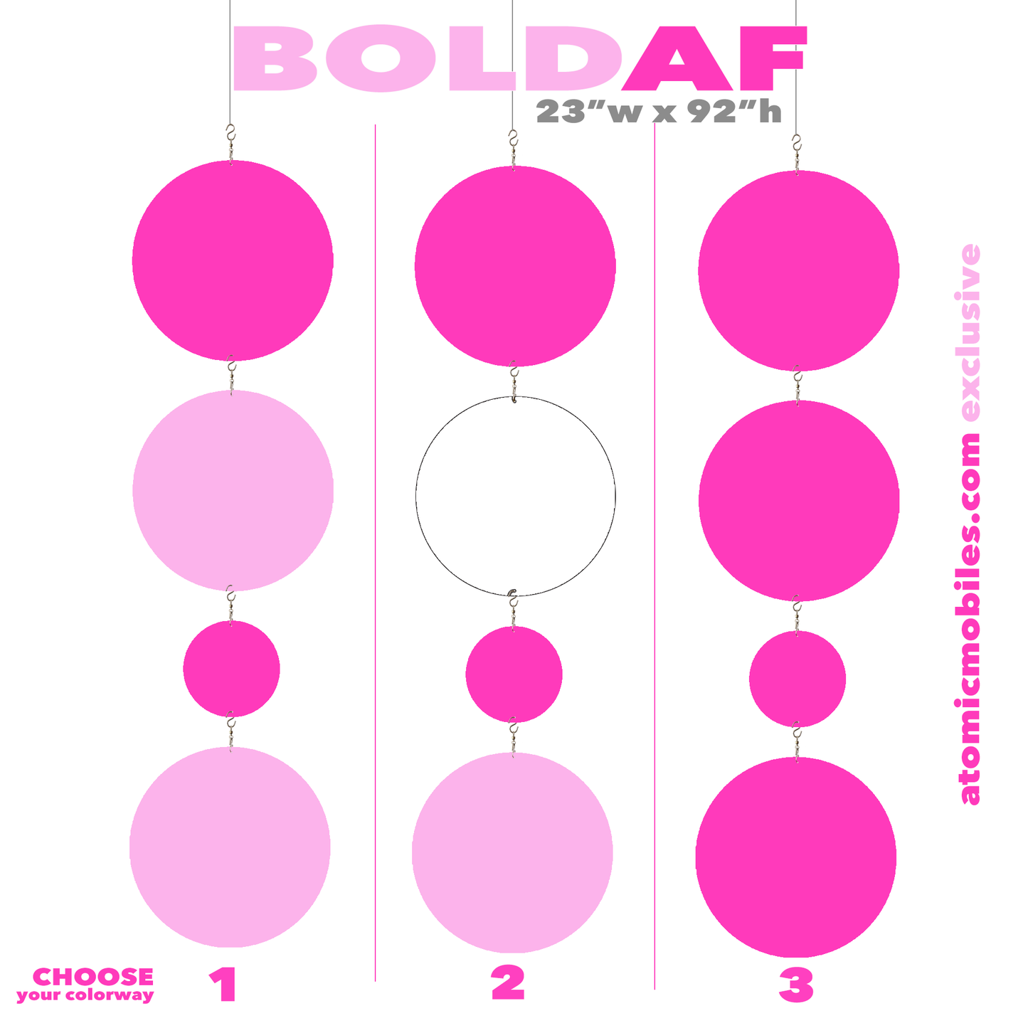 BOLD AF in Barbie Dream House Pink - bigger than life XXL dramatic vertical hanging art mobiles - 23w x 92h - in 3 different Pink colorways - by AtomicMobiles.com