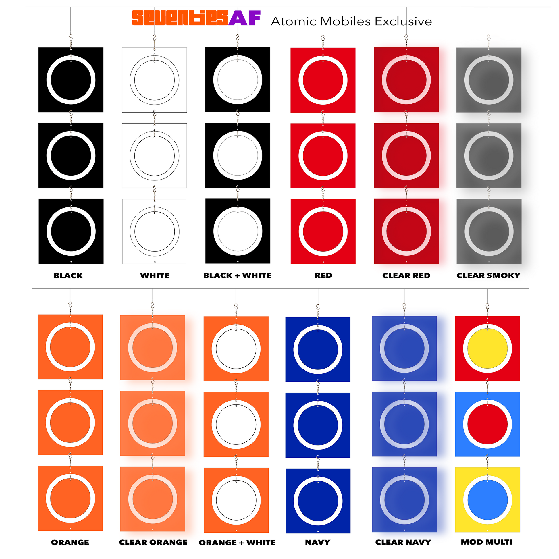 Color Chart for SEVENTIES AF XXL hanging kinetic art mobiles that swivel 360 degrees in Black, Black + White, White, Red, Clear Red, Clear Smoky Gray, Orange, Clear Orange, Orange + White, Navy Blue, Clear Navy, and MOD Multi by AtomicMobiles.com