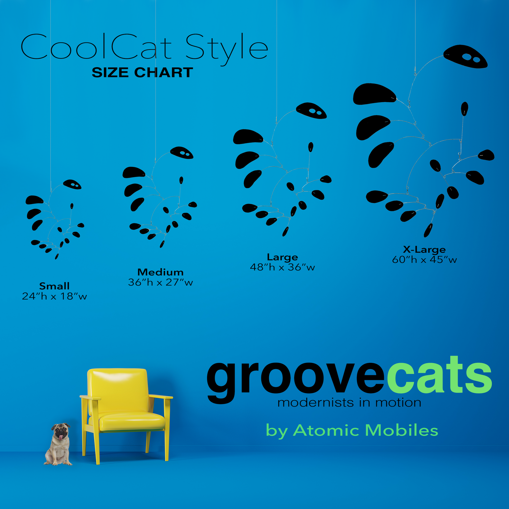 Size Chart for GrooveCats hanging art mobile in COOLCat Style with yellow chair and cute pug dog- handmade mid century modern kinetic art by AtomicMobiles.com