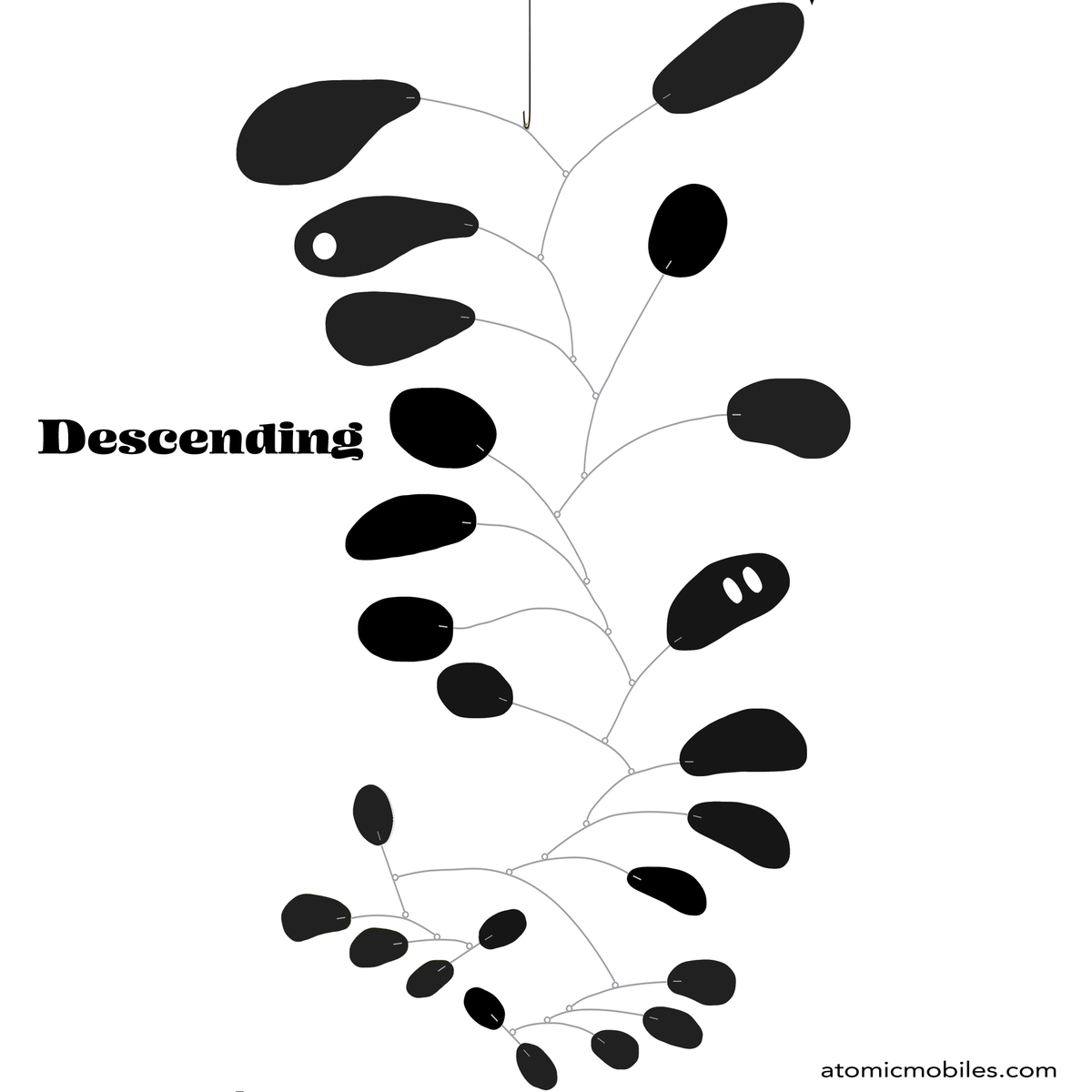 Descending kinetic hanging art mobile in all black with stainless steel wire, with abstract shapes inspired by Calder, limited edition of only 100 made by Debra Ann of AtomicMobiles.com