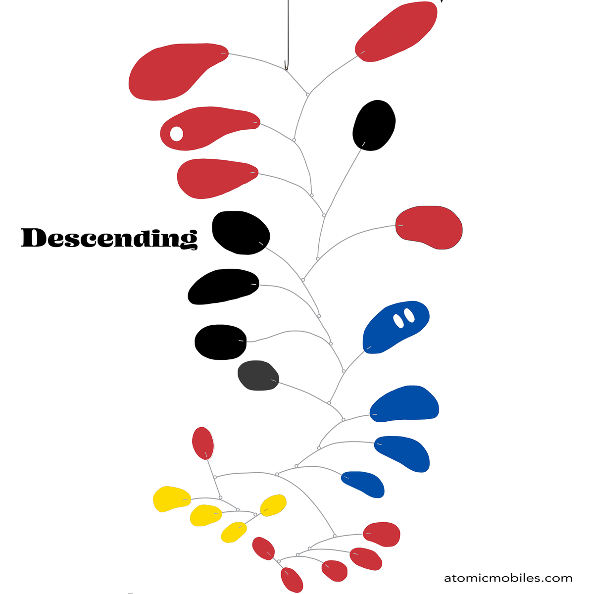 Descending kinetic hanging art mobile in multi colors of red, black, blue, and yellow, with stainless steel wire, with abstract shapes inspired by Calder, limited edition of only 100 made by Debra Ann of AtomicMobiles.com