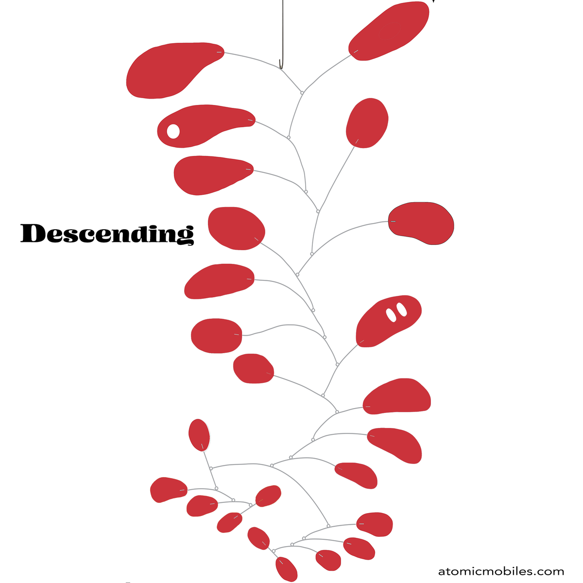 Descending kinetic hanging art mobile in all red with stainless steel wire, with abstract shapes inspired by Calder, limited edition of only 100 made by Debra Ann of AtomicMobiles.com