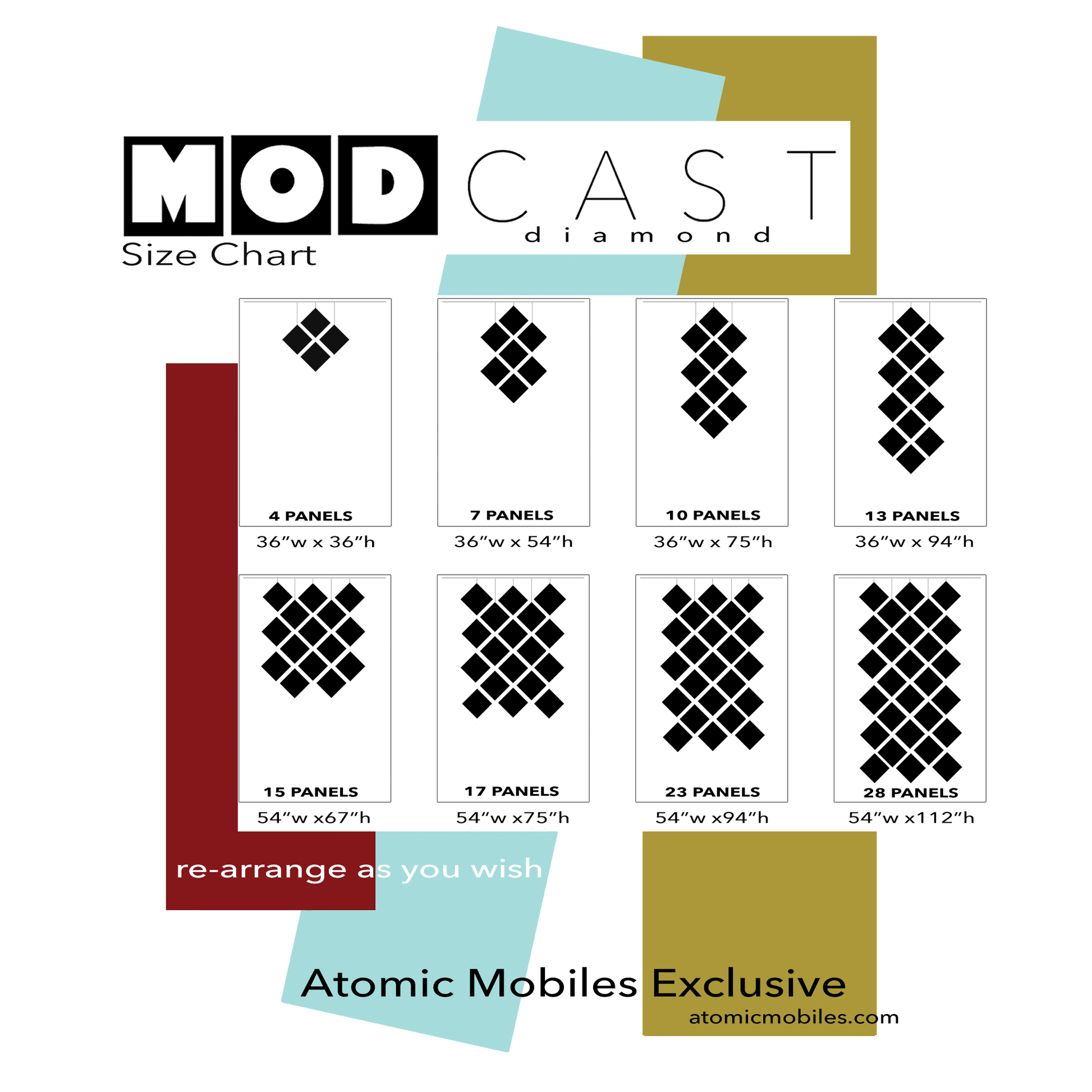Size Chart for MODCast Diamond modular modern art panels for mobiles, wall art, and room dividers by AtomicMobiles.com
