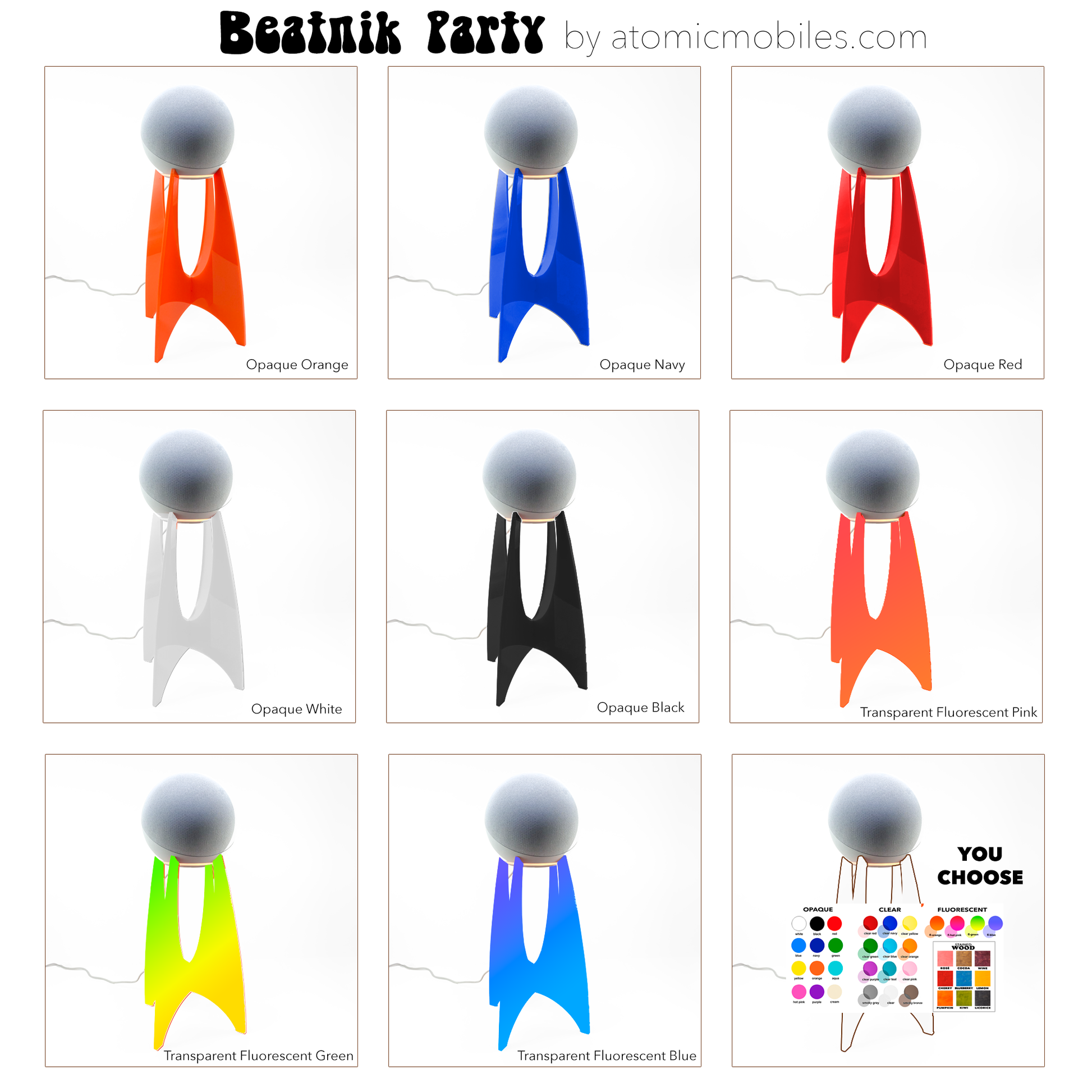 Colors for Beatnik Party Stand for Amazon Alexa Echo Dot 5th Gen and Echo 4th Gen - Orange, Navy, Red, White, Black, Fluorescent Neon Pink, Fluorescent Neon Green, Fluorescent Neon Blue - or choose your own colors from the Color Chart - stands by AtomicMobiles.com