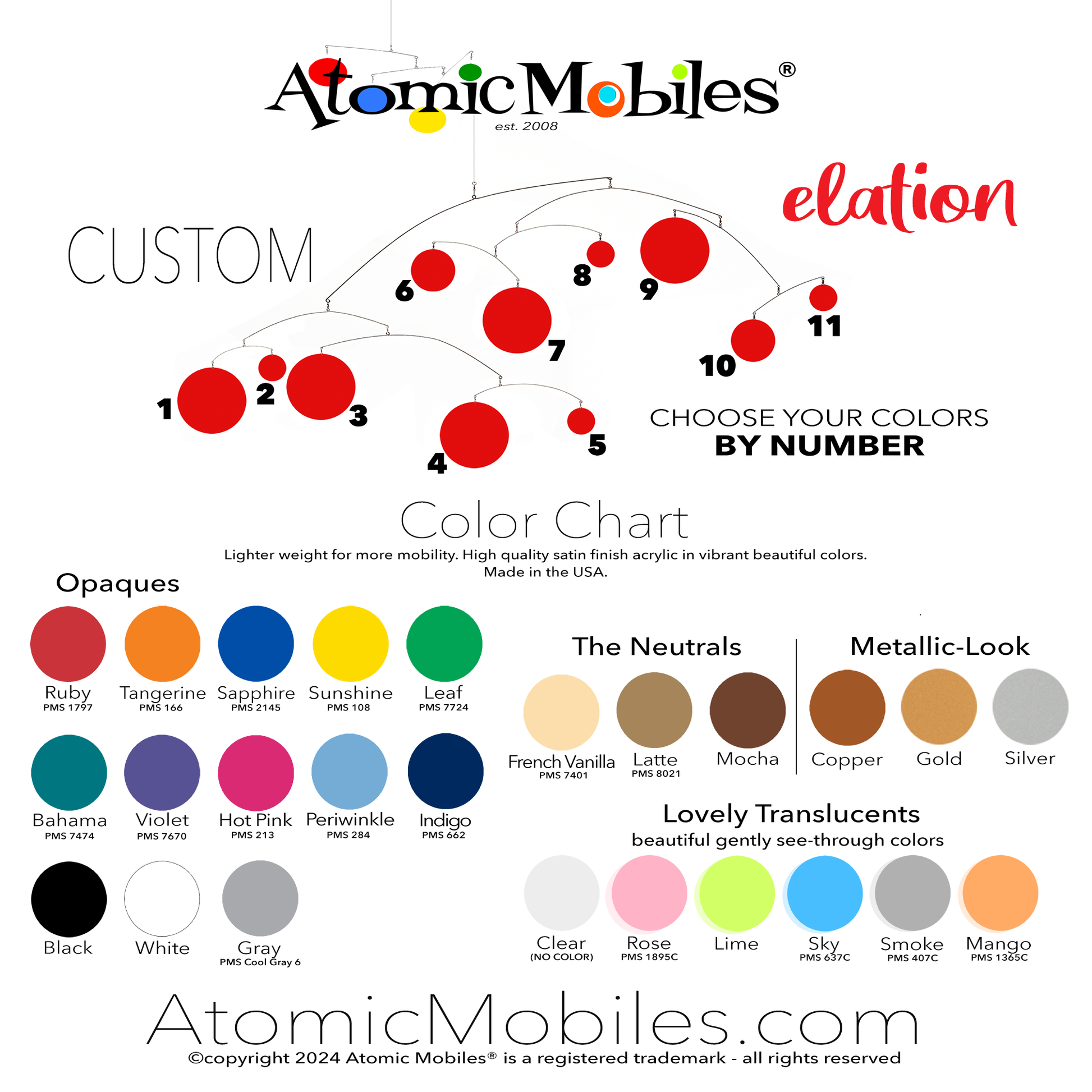 Color Chart for ELATION XL Hanging Art Mobile by AtomicMobiles.com - Opaque Colors, Neutrals, Metallic-Look, and Lovely Translucents