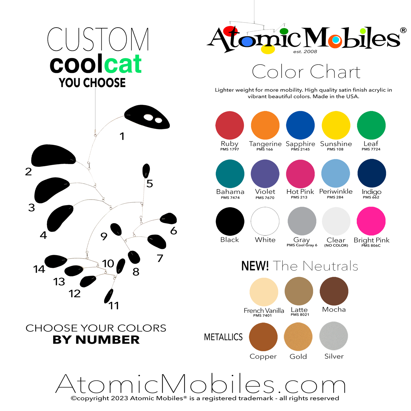 Color chart for Custom CoolCat kinetic hanging art mobile inspired by mid century modern style by AtomicMobiles.com