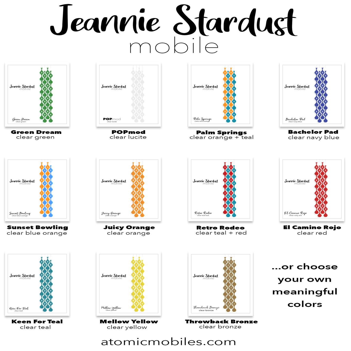 Color Selections for mid century modern inspired JEANNIE STARDUST kinetic hanging art mobiles in 11 retro colorways by AtomicMobiles.com