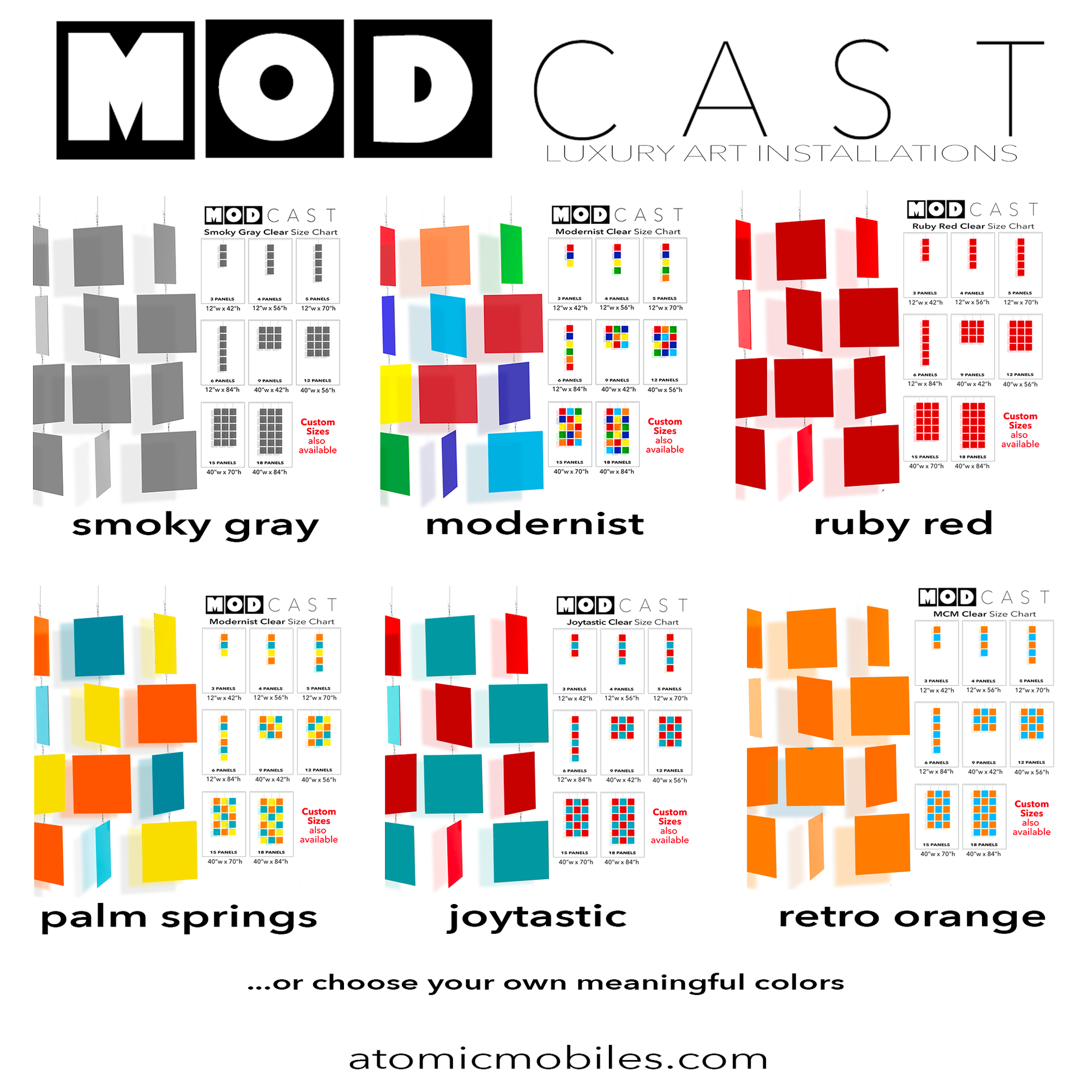 MODCAST Color Chart for 6 beautiful color choices for unique contemporary hanging kinetic art mobiles by AtomicMobiles.com