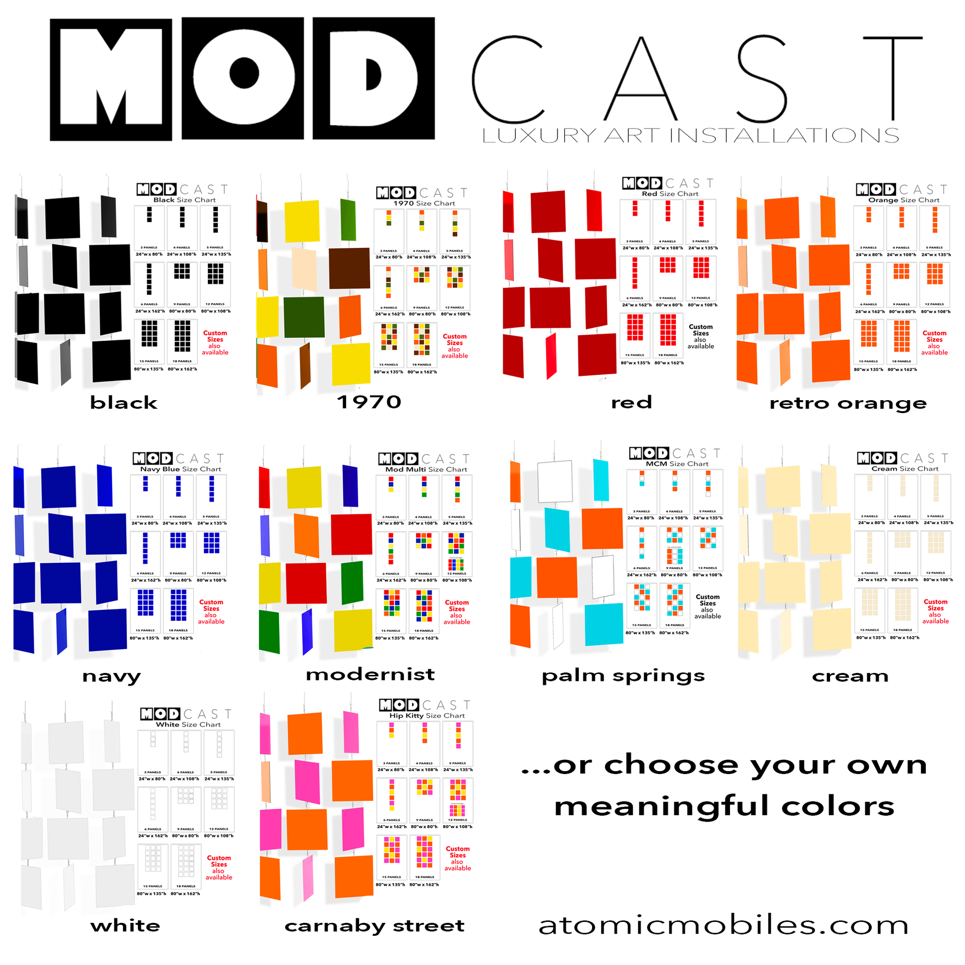 10 Designer Color + Size Selections for the unique mid century modern style MODCAST Art Mobiles installations in a multitude of colors - black, 1970, red, retro orange, navy, modernist, palm springs, cream, white, and carnaby street -- by AtomicMobiles.com