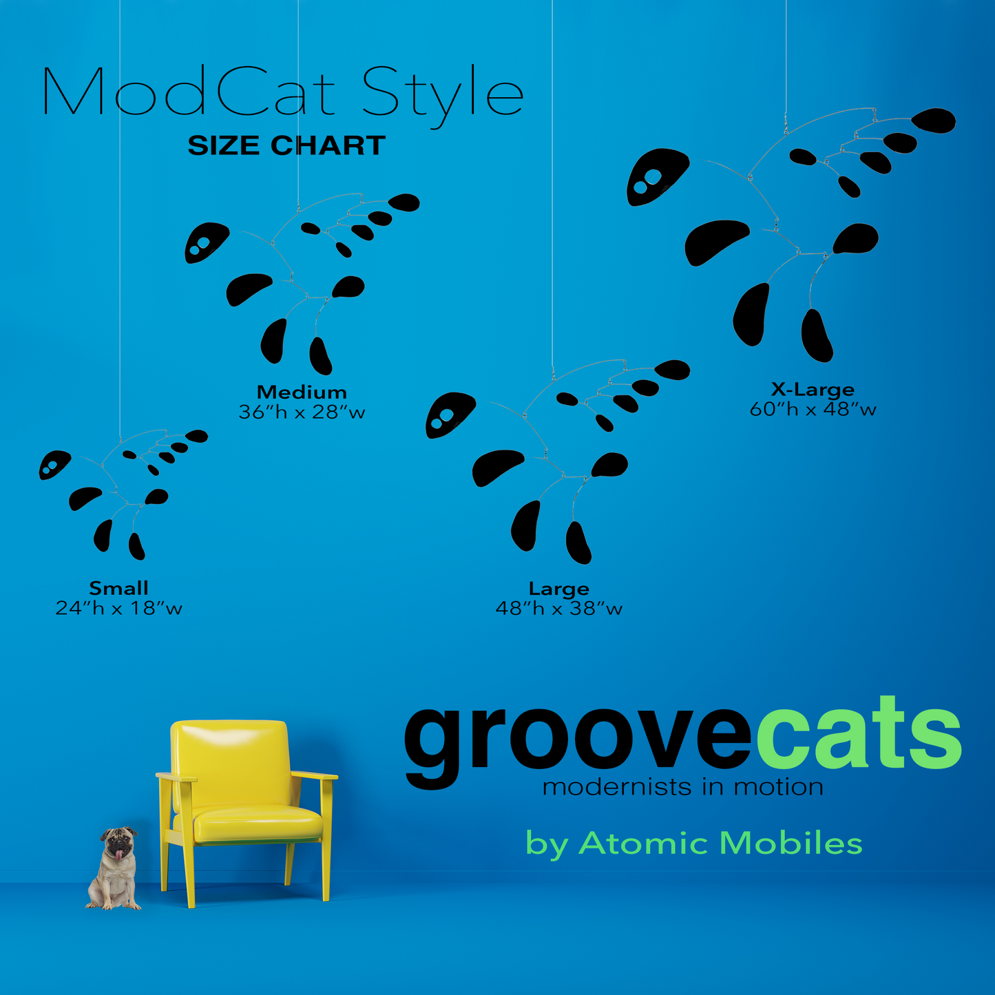 Size Chart for GrooveCats hanging art mobile in MODCat Style with yellow chair and cute pug dog- handmade mid century modern kinetic art by AtomicMobiles.com