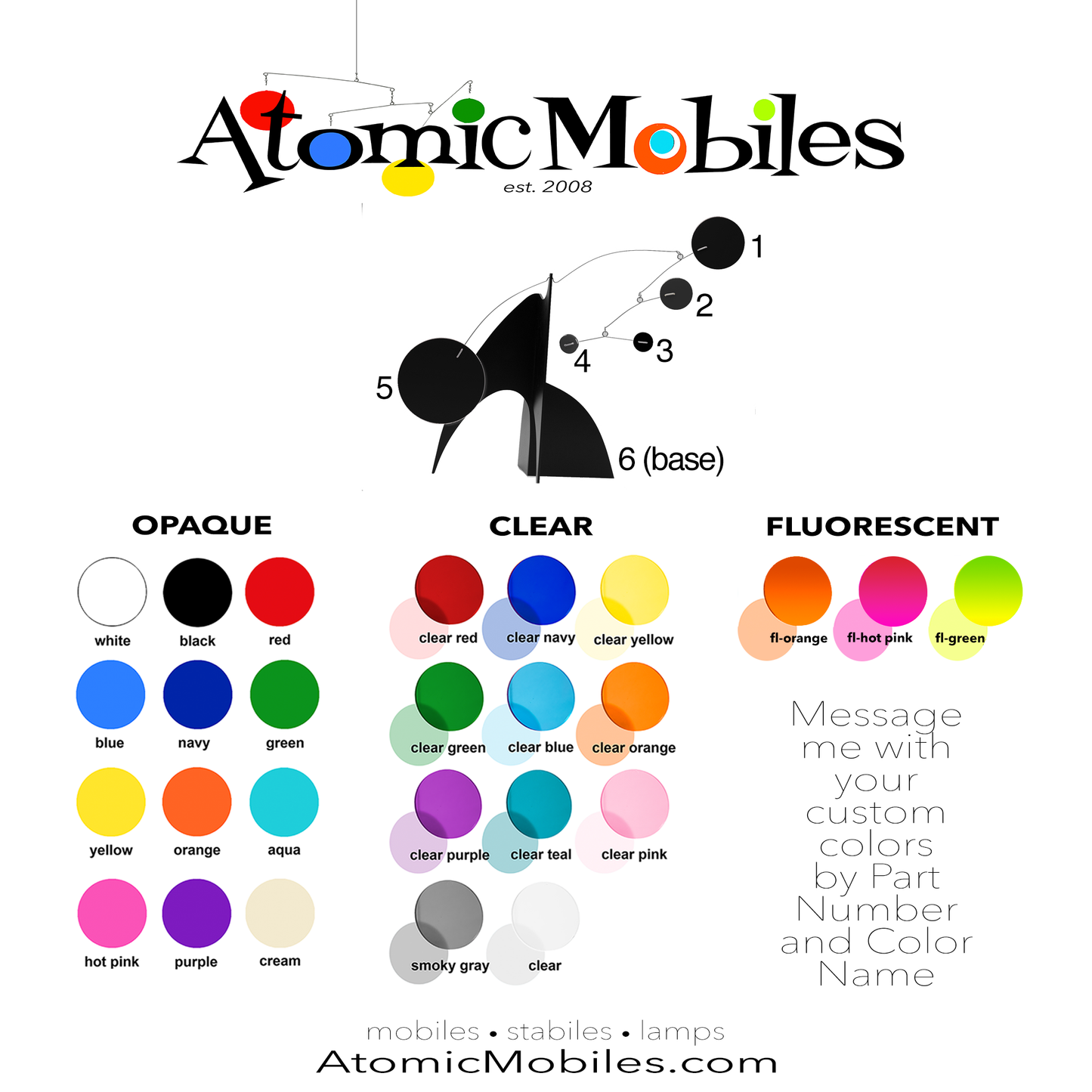 Color Chart for The MODERNE MINI kinetic art stabile sculpture in custom colors you choose in opaque, clear, and fluorescent colors by AtomicMobiles.com