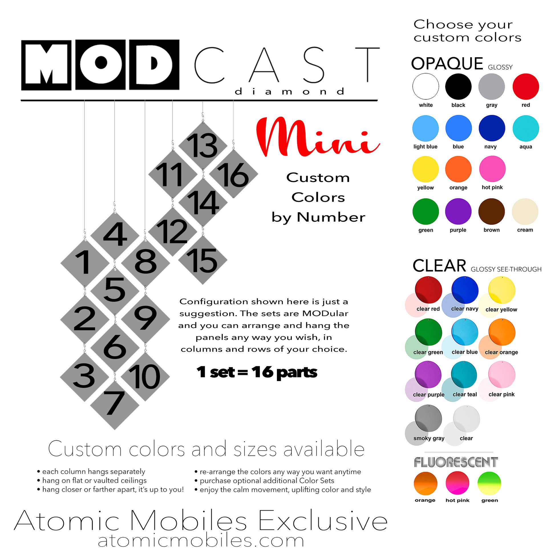 Color Chart for Custom Colors MODCast Mini Diamond Modular Hanging Art Panels for mobiles, curtains, and room dividers by AtomicMobiles.com
