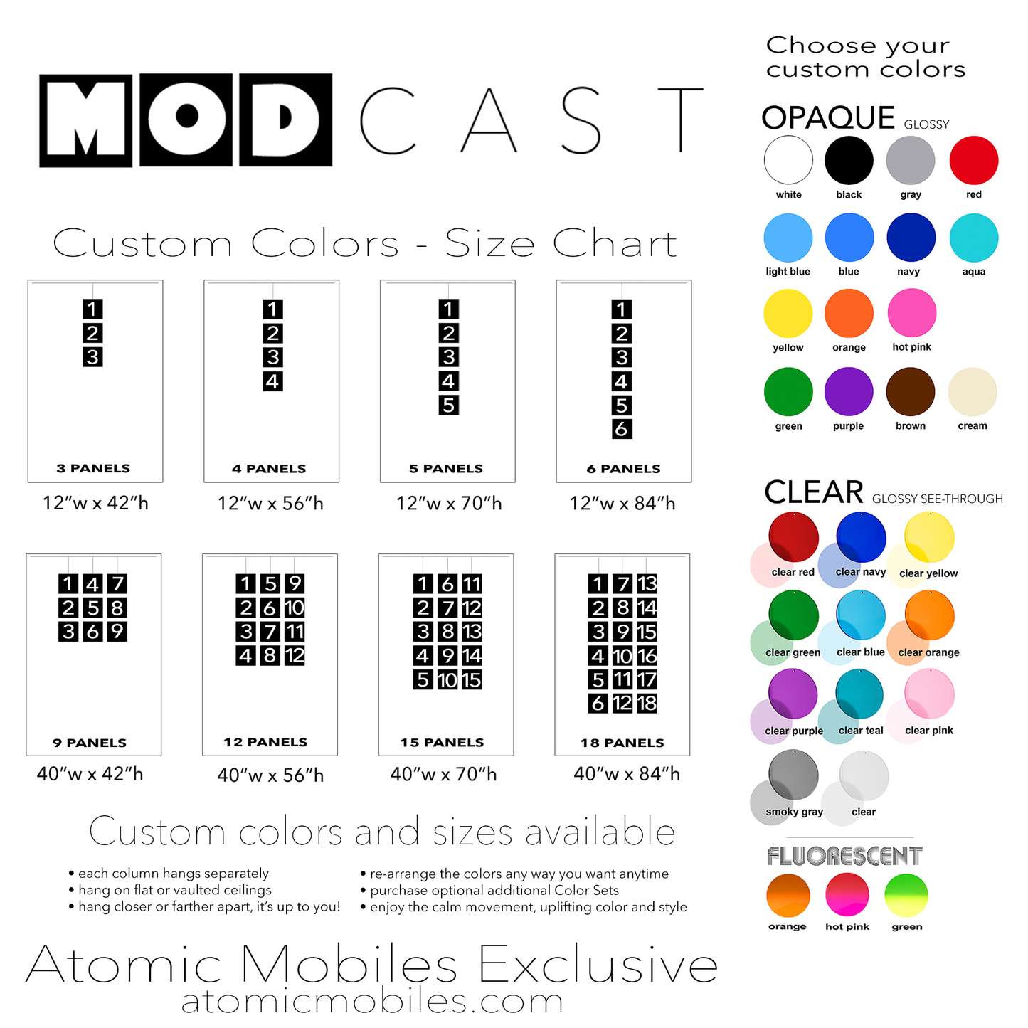 Color Chart for MODCAST Kinetic Hanging Art Mobiles in opaque, see-through, and neon fluorescent colors by AtomicMobiles.com