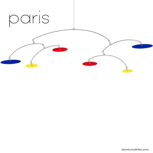 PARIS Modern Kinetic Art Mobile by AtomicMobiles.com in Sapphire Blue, Red, and Yellow