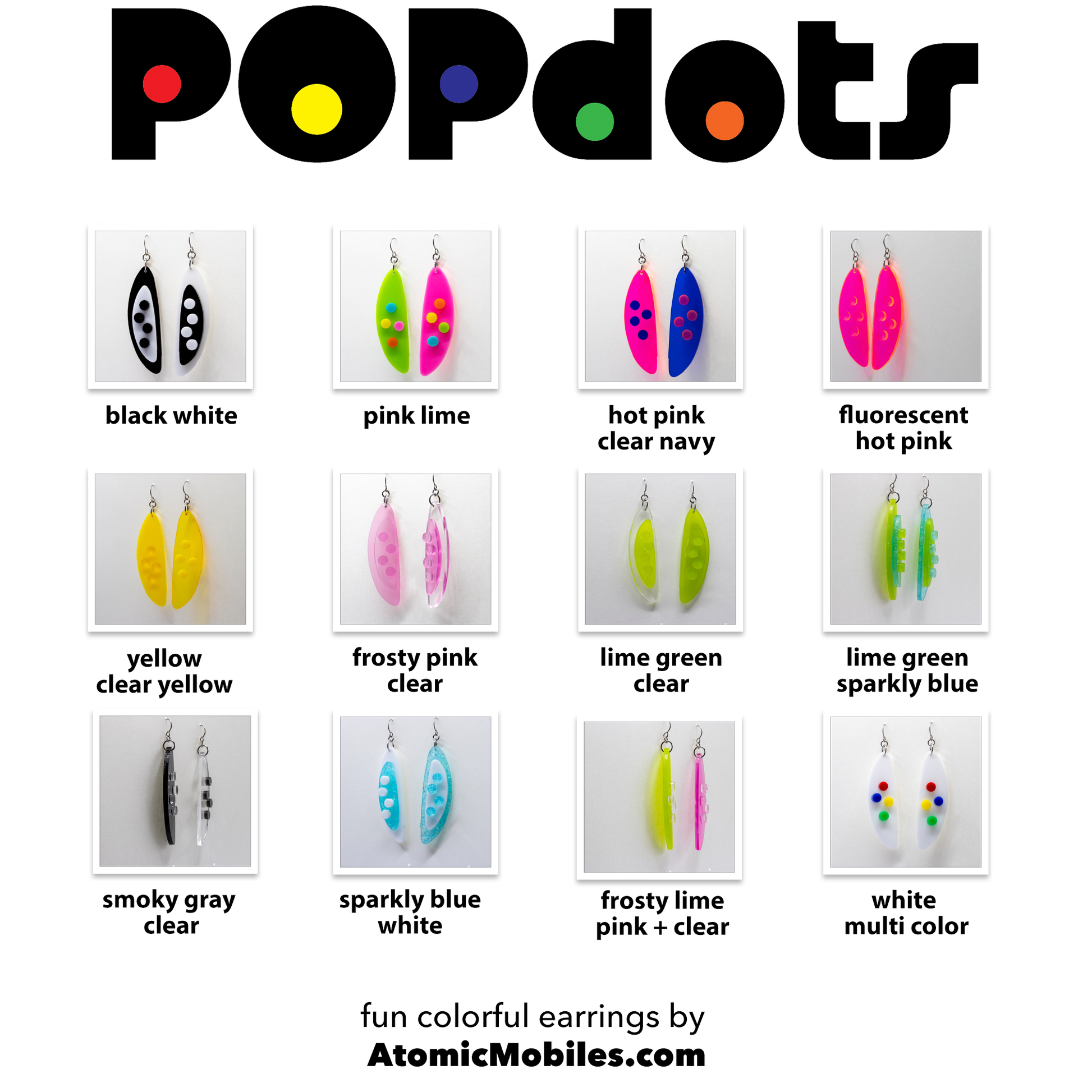 POPdots earrings colorways by AtomicMobiles.com -- colorful fun handmade earrings