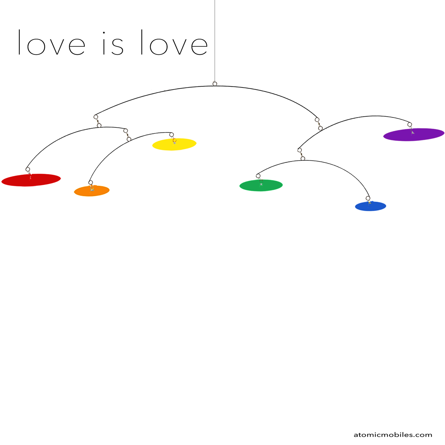 LOVE IS LOVE LGBTQ+ Rainbow Pride Mid Century Modern style hanging art mobile by AtomicMobles.com