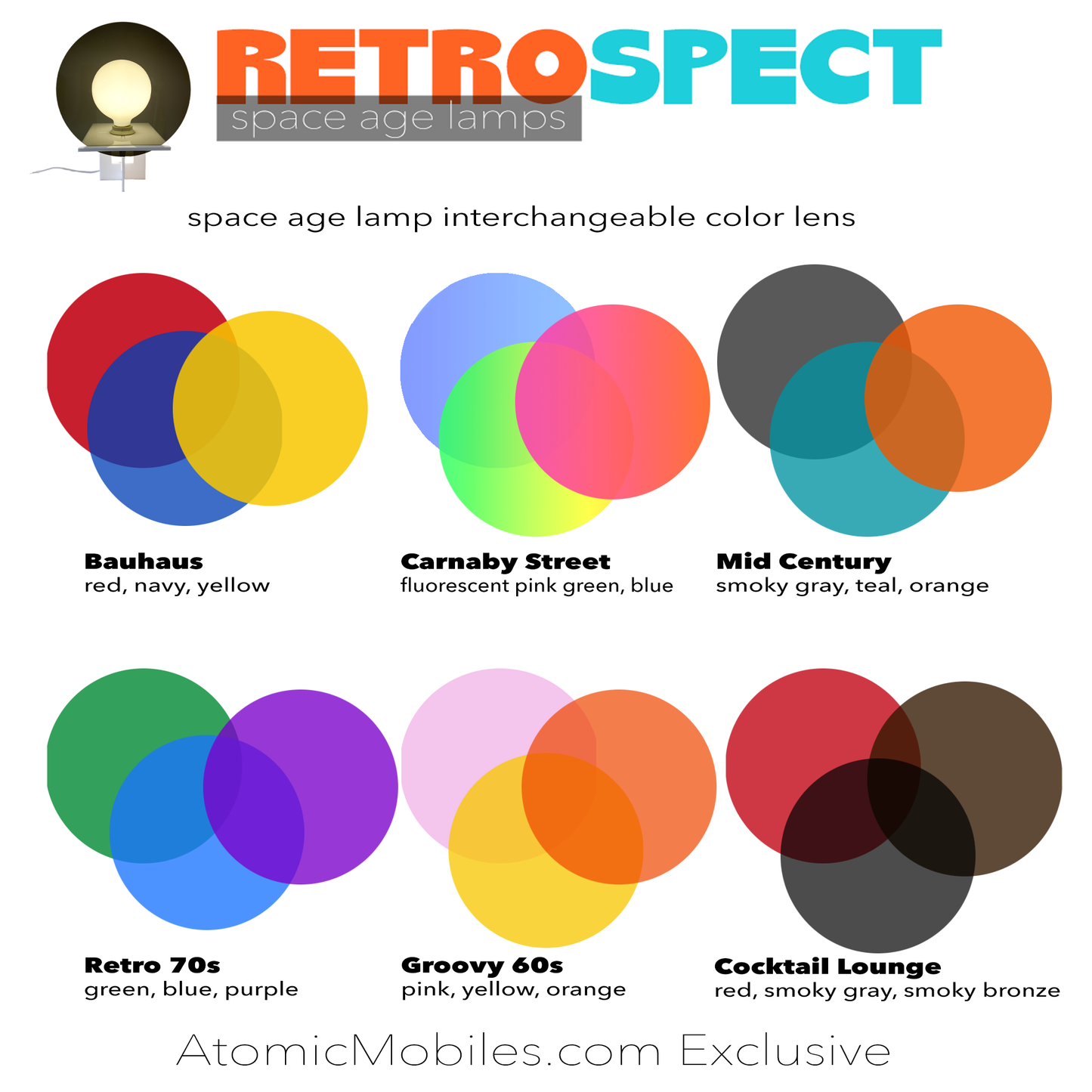 Transparent Acrylic Plexiglass Color "LENS" Discs Sets in Fluorescent NEON colors of Pink/Orange, Green/Yellow, and Blue for RETROSPECT Space Age Lamp by AtomicMobiles.com