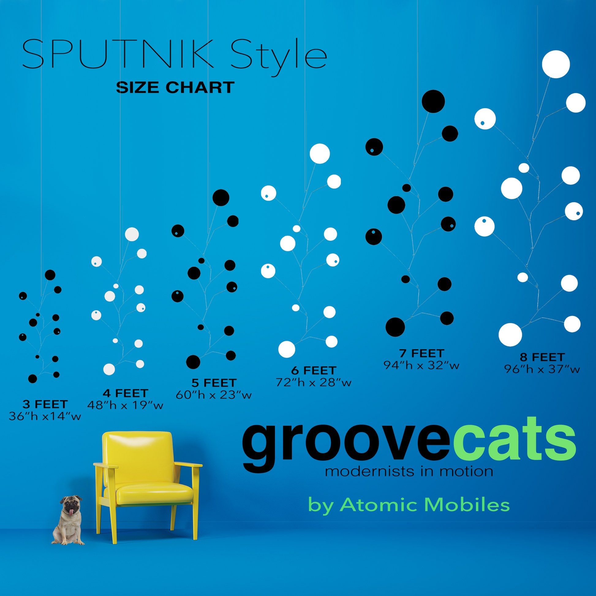 Size Chart for SPUTNIK hanging art mobiles in mid century modern space age Calder style - 6 sizes - shown with cute pug dog and yellow chair with blue wall - mobiles by AtomicMobiles.com