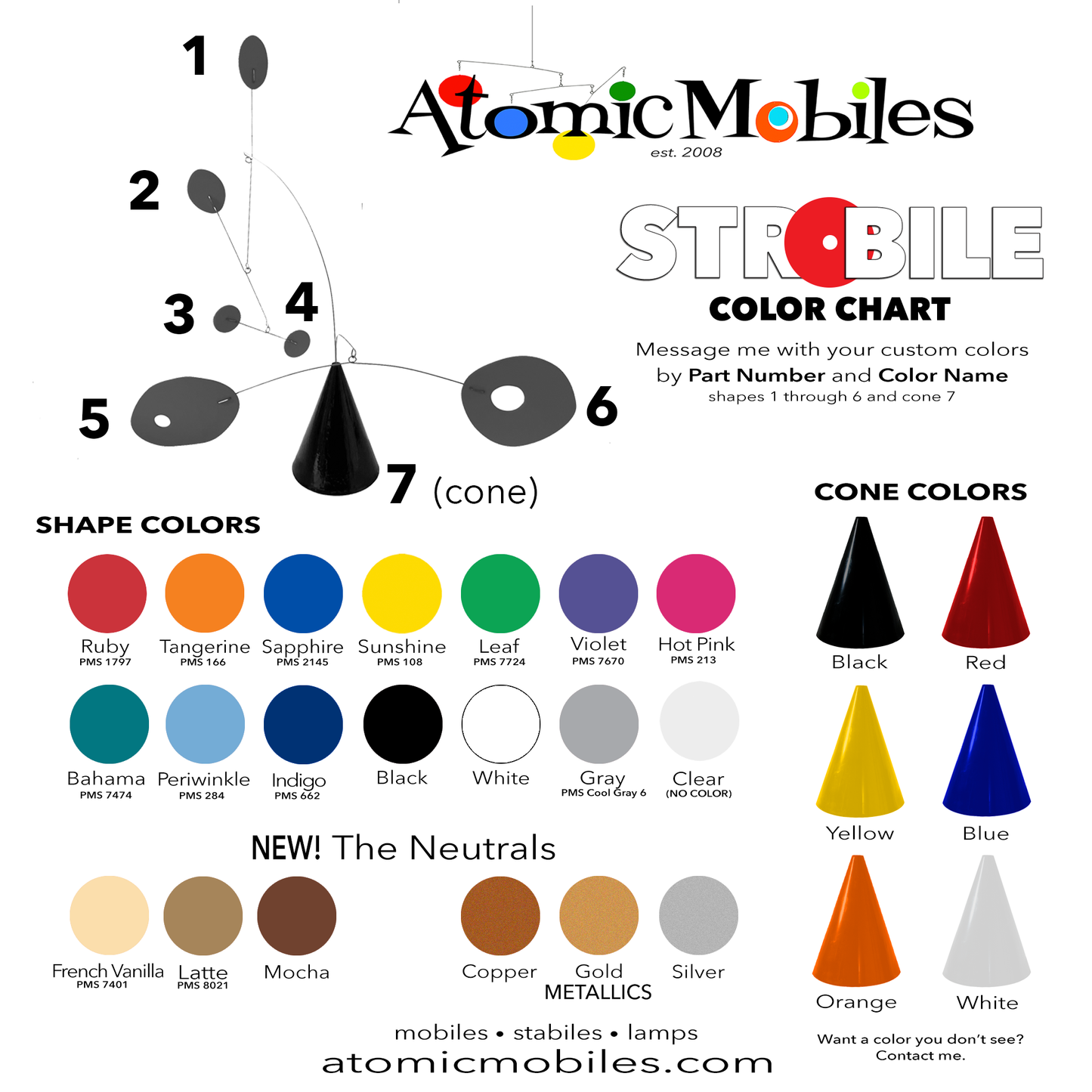 Color Chart for The Strobile modern art sculpture for tabletop, coffee table, shelf, or countertop by AtomicMobiles.com