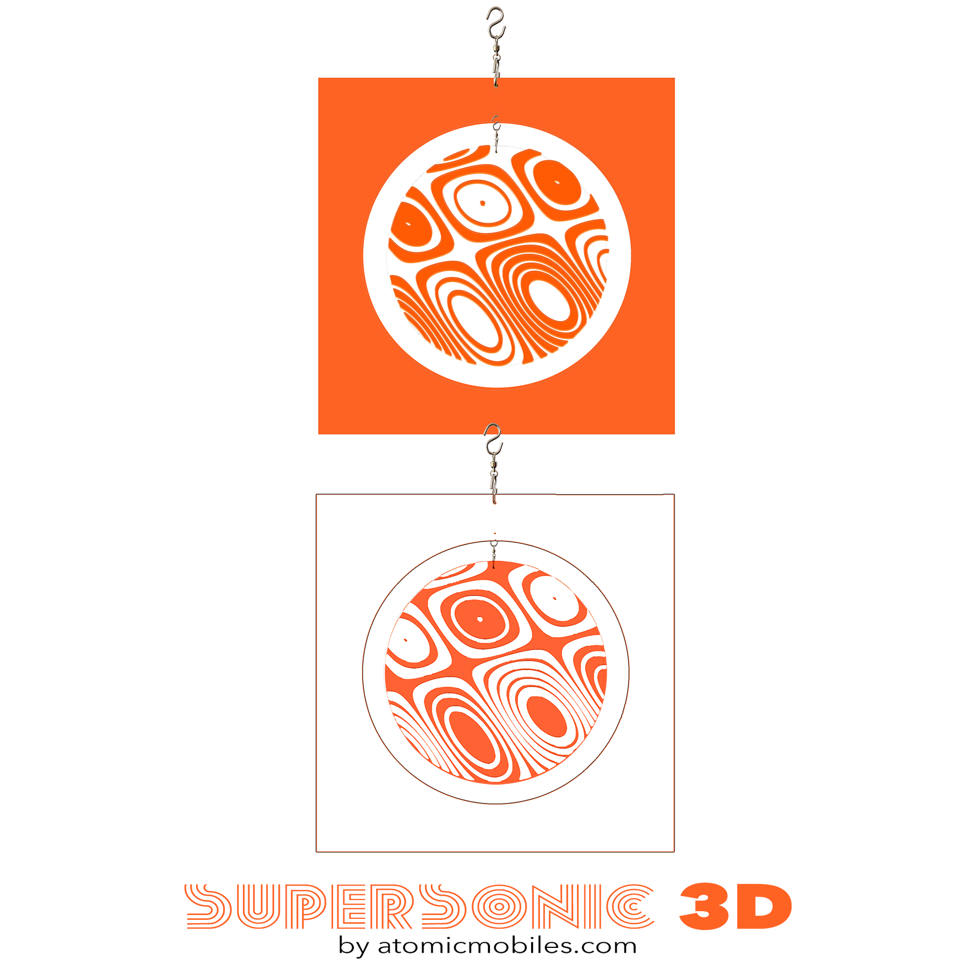 Both panels of Supersonic 3D kinetic art mobile in White and Orange - groovy retro geometric art made with acrylic plexiglass by AtomicMobiles.com