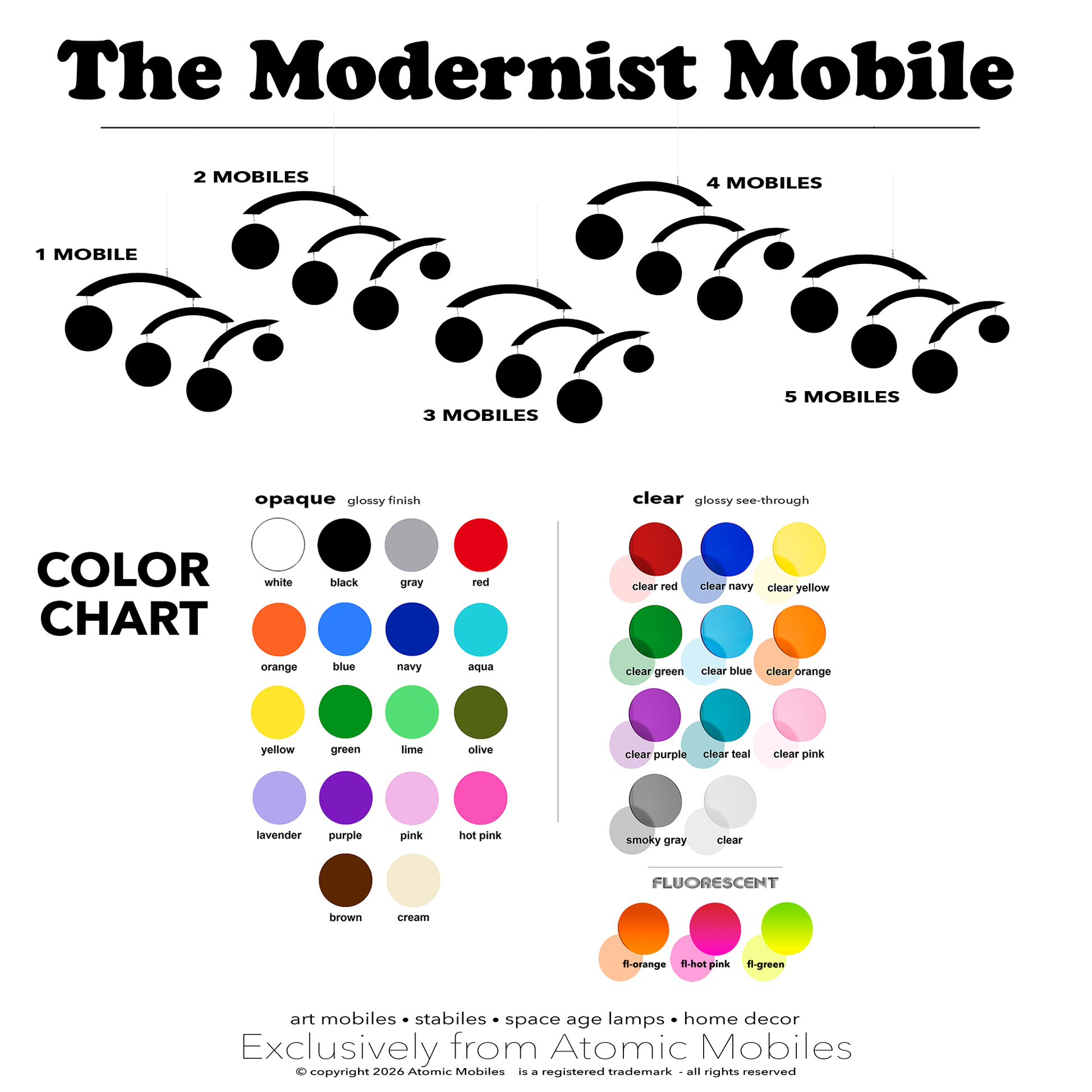 Color chart for 'The Modernist Mobile' by AtomicMobiles.com with color swatches and text.