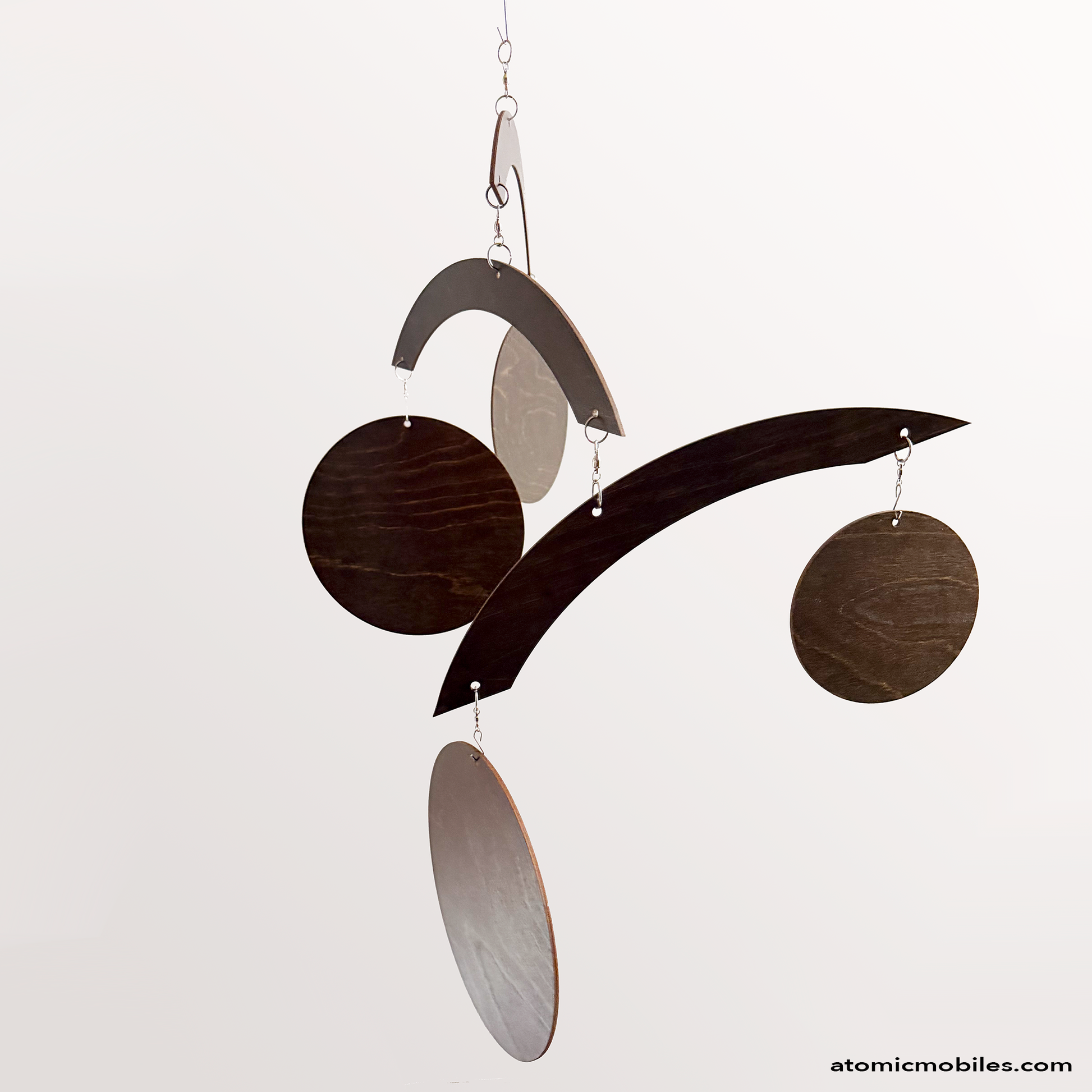 Alternative view of JetSetter hanging art mobile in brown wood on white background by AtomicMobiiles.com