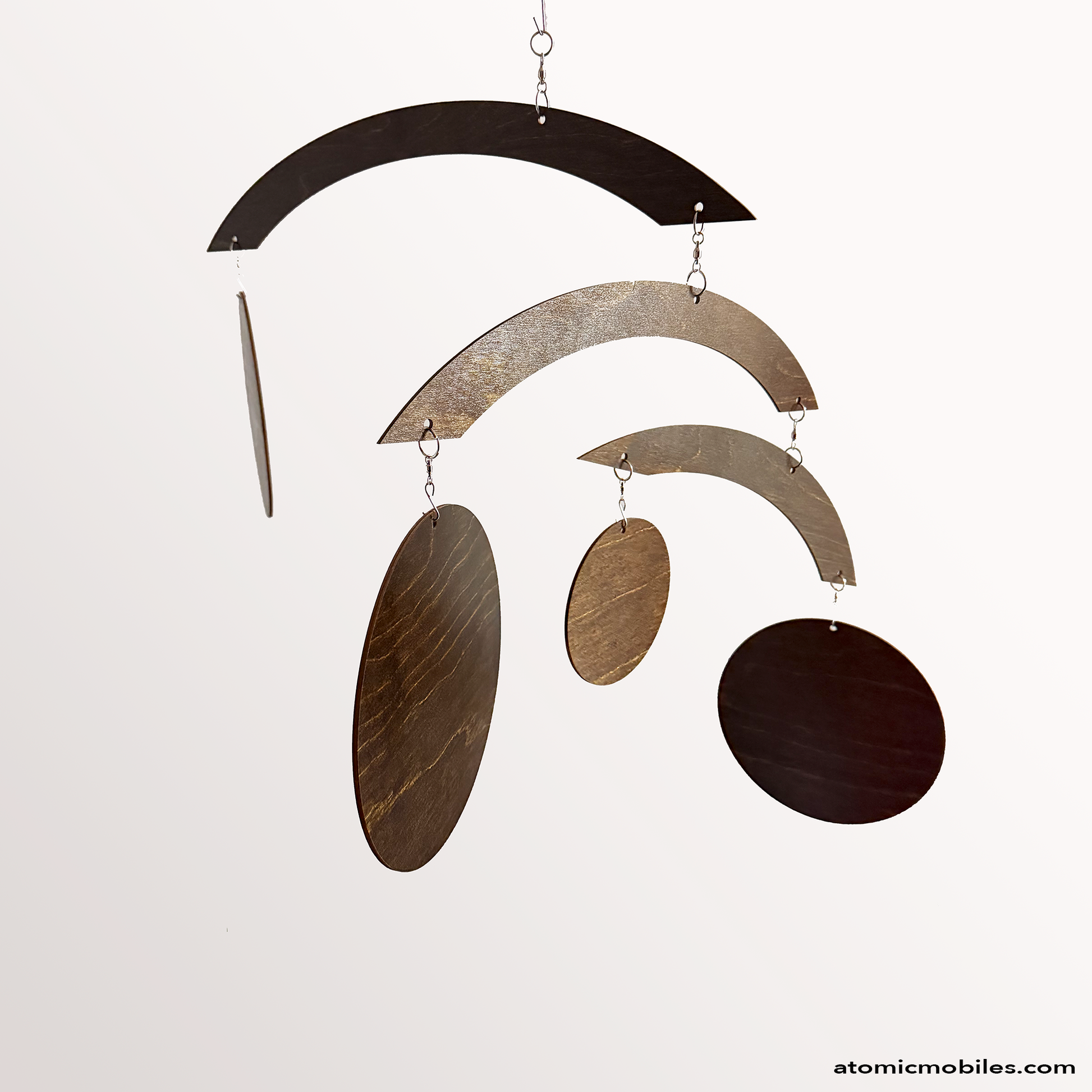 Alternative view of JetSetter hanging art mobile in brown wood on white background by AtomicMobiiles.com