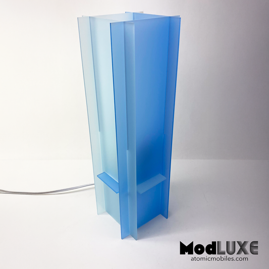 Stunningly beautiful baby blue table lamp in space age modern style with reversible color by AtomicMobiles.com